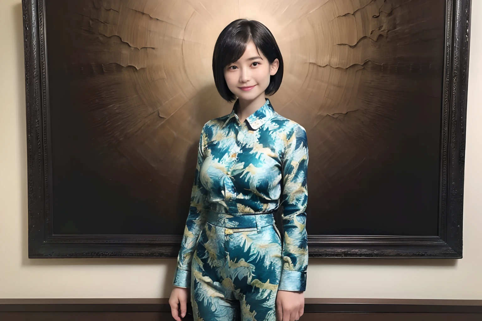 89
(a 20 yo woman,is standing), (A hyper-realistic), (masutepiece), ((short-hair:1.46)), (Smooth black hair), (Breast:1.0), (kindly smile), wear long pants, (Wearing a dinosaur print long-sleeved shirt), (Beautiful skin:1.5), (painterly、picture frame)
