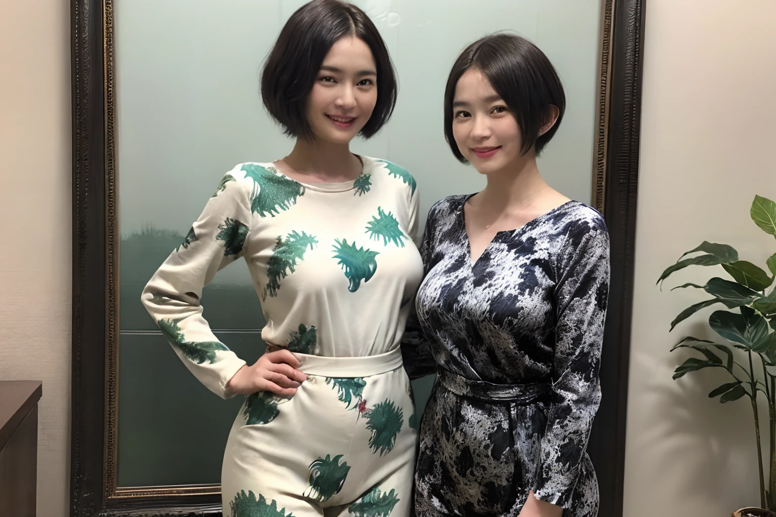 89
(a 20 yo woman,is standing), (A hyper-realistic), (masutepiece), ((short-hair:1.46)), (Smooth black hair), (Breast:1.0), (kindly smile), wear long pants, (Wearing a dinosaur print long-sleeved shirt), (Beautiful skin:1.5), (painterly、picture frame)