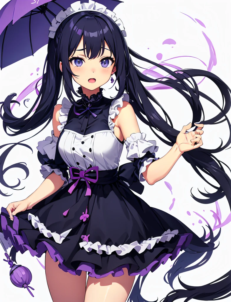 (Long hair with white and black twin tails:1.5),Anime girl with purple umbrella and white top, Official Character Art, noire, Cute anime waifu in a nice dress, anime moe art style, anime girls in maid costumes, Ayaka Genshin Impact, splash art anime , noire photo, pretty anime character design, official character illustration, hanayamata