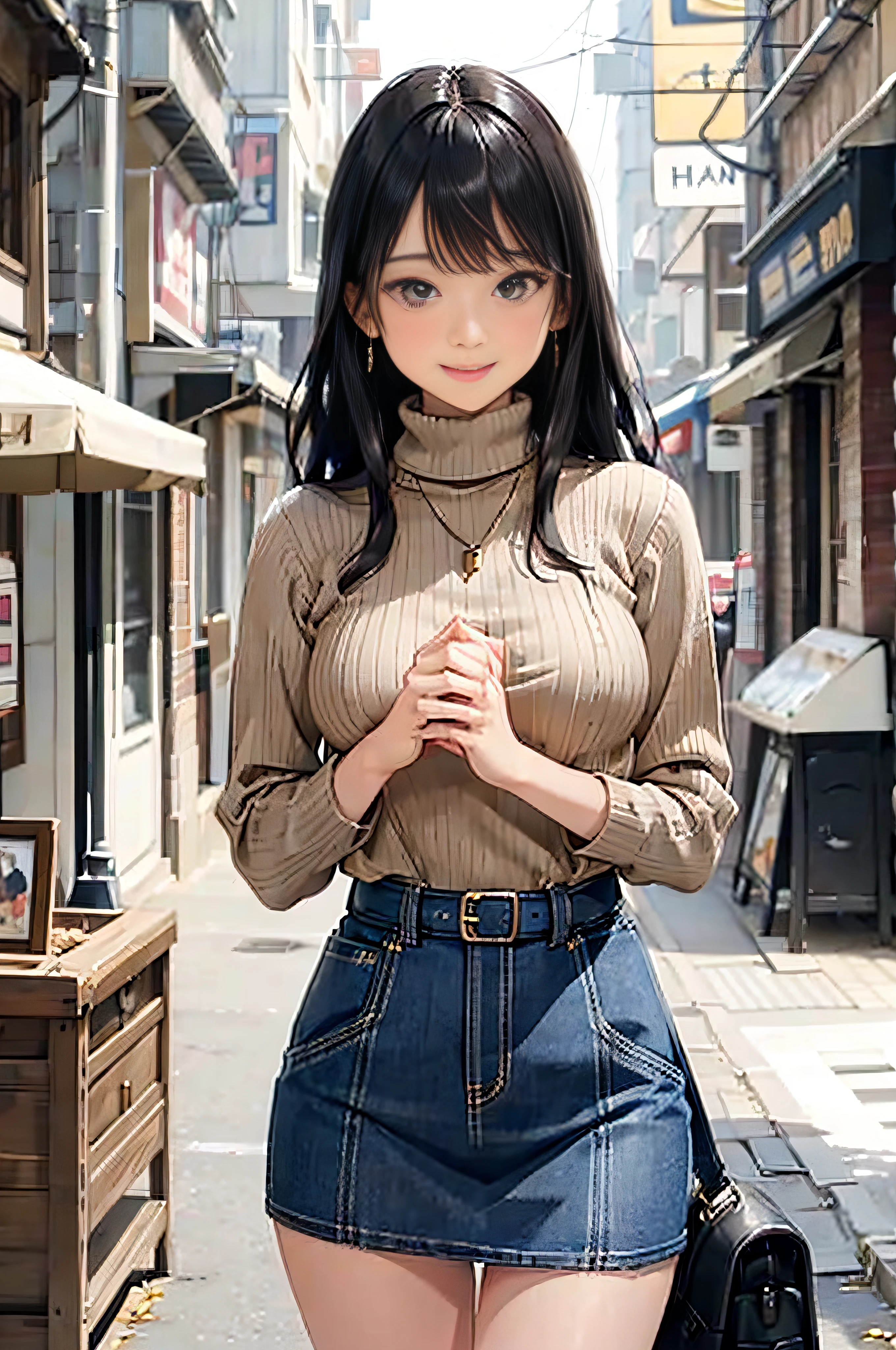 (Beige Turtleneck Knit)、Denim Mini Skirt、20 year old girl, breasts of medium size,, Puffy nipple、Forward bends with emphasis on the chest、Black hair、Long Wave Hair,in the city street, a necklace、Earring、knee high stockings、high-heels ((Very detailed)), Shy smile、Kamimei、(Perfectly detailed face), (Well detailed hands) Photorealistic images、full body seen、emphasis on the buttocks