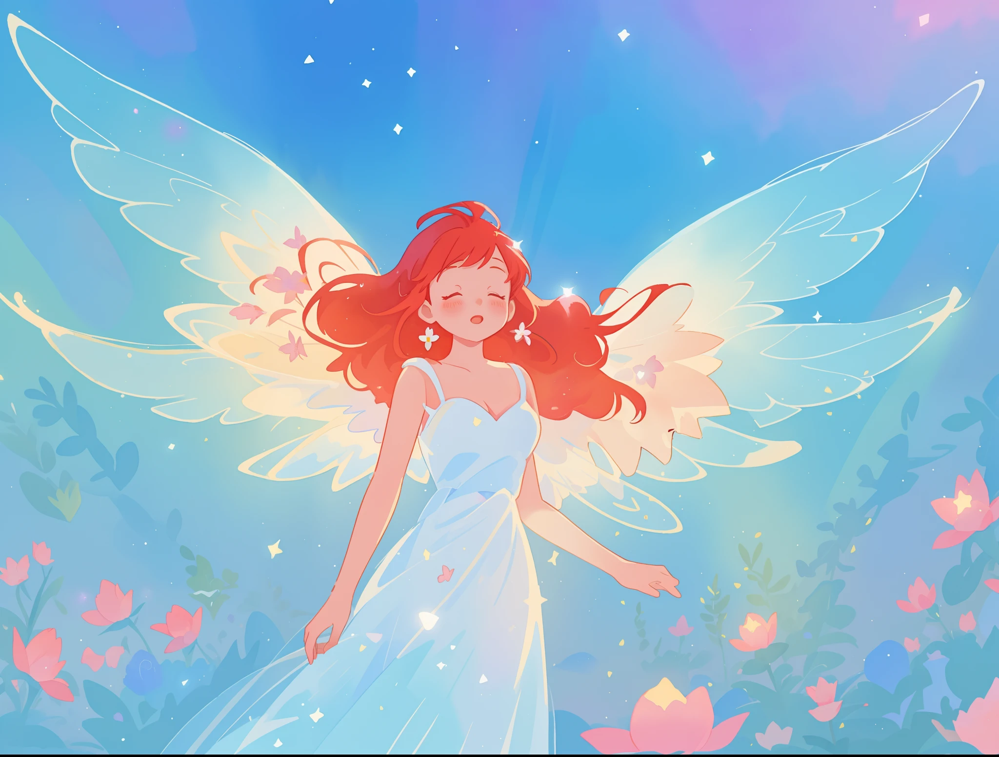 beautiful angel girl in sparkling white dress, (huge sparkling angel wings), glowing ballgown, long red hair, watercolor illustration, flowers and colorful plants, disney art style, glowing aura around her, glowing lights, beautiful digital illustration, fantasia otherworldly landscape plants flowers, beautiful, masterpiece, best quality, anime disney style