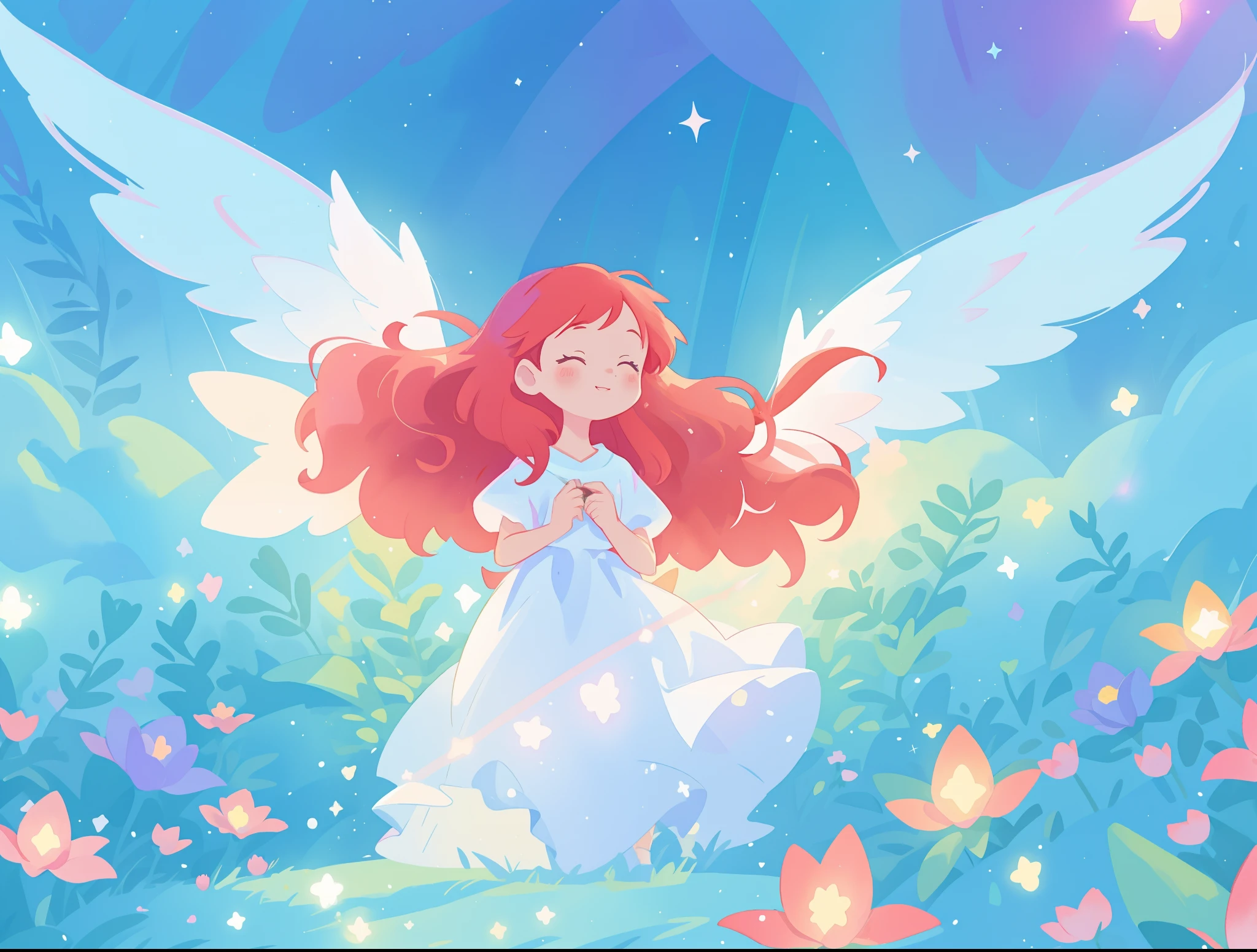 beautiful angel girl in sparkling white dress, (huge sparkling angel wings), glowing ballgown, long red hair, watercolor illustration, flowers and colorful plants, disney art style, glowing aura around her, glowing lights, beautiful digital illustration, fantasia otherworldly landscape plants flowers, beautiful, masterpiece, best quality, anime disney style