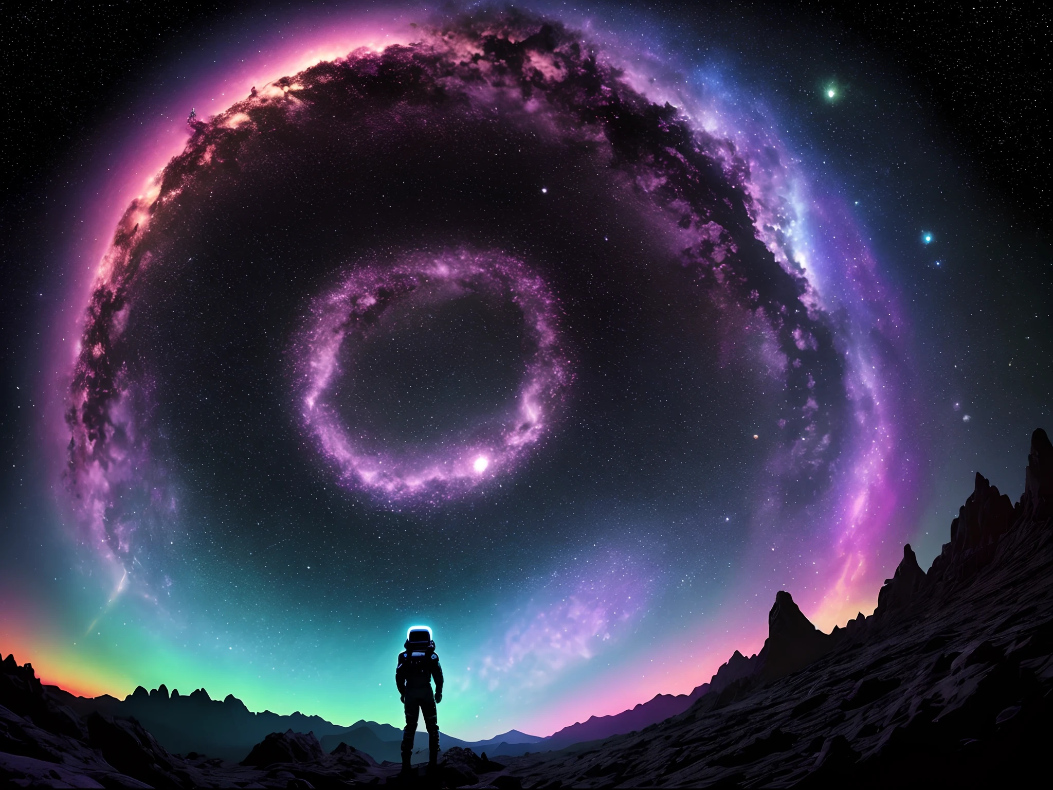 Colorful landscape space blacklight spaceman galaxy donuts