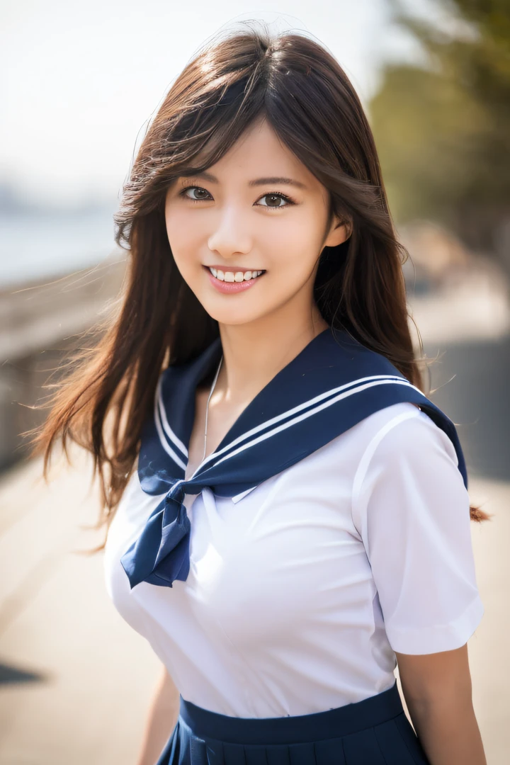 8K raw photo, Best quality, masterpiece, ultra high res, 3d, realistic, 1girl, asian, black_hair, black_sailor_collar, long_hair, nose, school_uniform, neckerchief, natural skin texture, light brown_eye, detailed eyes and face, lips, lipstick, smile, teeth, beautiful legs, enormous breasts, beautiful seaside location, (detailed background), plaid skirt, white shirt, enormous breast, blurry background, short sleeves