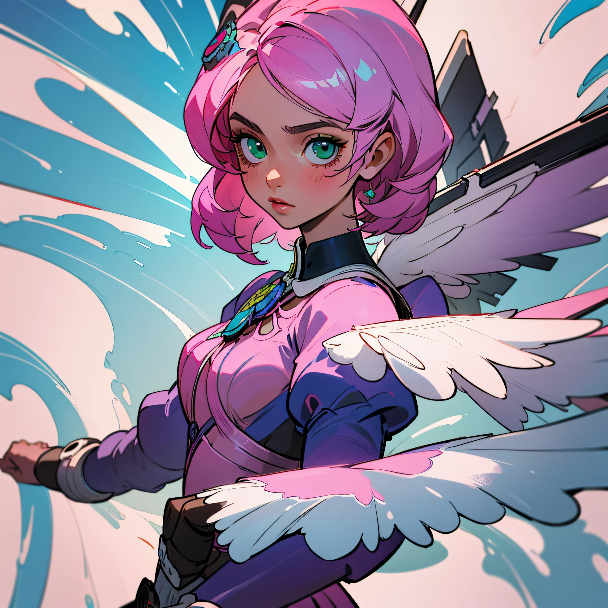 Alisa bosconovitch, melhor qualidade, contemporary, estilo plano, minimalismo, Green Eyes Flat Illustration, cabelo rosa, cabelo curto, cabelos multicoloridos, Camisa Preta, mechanical wings, Head Portrait Close-U, peito pontudo, decote, super decote, middlebreasts, Tekken，cabelo rosa pastel, 1girl, em quimono, hand-painted，Desenho de linha sem cor, colorida do yandere pastel, Tekken, Super cute pink hair girl with gothic makeup on the side, com roupa de empregada，figura esbelta，robusto，He sat on the floor，Vestido com roupas de empregada rosa e branco，cabelos muito curtos，com orelhas de gato，quadratic element，, kawaii cor-de-rosa na roupa da era de 1910, Alisa Bosconovich pink lips, no estilo da paleta de cores suave aurorapunk, an anime illustration of his face, gifs animados, hand drawn animation, charming sketches, suave e brilhante, romantismo nebuloso, Estilo Superflat, fundo branco - ar 1:1 - niji 5 - estilo expressivo --s 50 ,Pink kawaii girl in the era of 1920s clothesPink eagles, vestindo uma camisa branca brilhante, no estilo da paleta de cores suave aurorapunk, an anime illustration of his face, gifs animados, hand drawn animation, charming sketches, suave e brilhante, romantismo nebuloso, Estilo Superflat, fundo branco - ar 1:1 - niji 5 - estilo expressivo --s 50, Absurdo, Alto, ultra detalhados, (1girl:1.3), quebrar , Crie uma imagem com uma bela caligrafia
