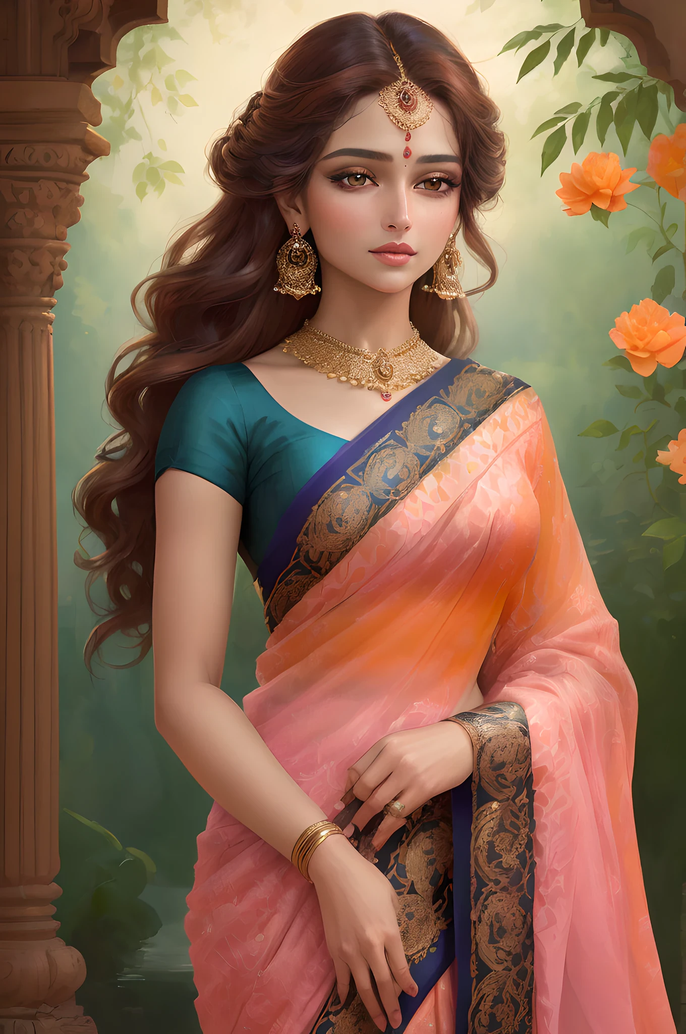 Produce a mesmerizing artwork of a young lady adorned in an intricately embroidered saree, reflecting timeless beauty. Emphasize her captivating eyes that speak volumes, her sculpted and elegant nose, and her lips, reminiscent of delicate pink petals. Her complexion should be flawlessly fair, adorned with a subtle touch of blush, enhancing her enchantment. Her eyes are strikingly adorned in a shade of orange, adding an element of intrigue to her gaze. She boasts a cascade of lush brown hair, carefully styled to accentuate her allure. Her physique should be gracefully slender, a testament to perfection. The coiffure she adorns should be artistically arranged to frame her countenance, an embodiment of enchantment. Set her against a background that elevates her beauty, painting an enchanting scene that enhances the overall elegance of the composition. Employ a palette of rich and vibrant hues to create a work of art that captures the essence of grace and captivation.