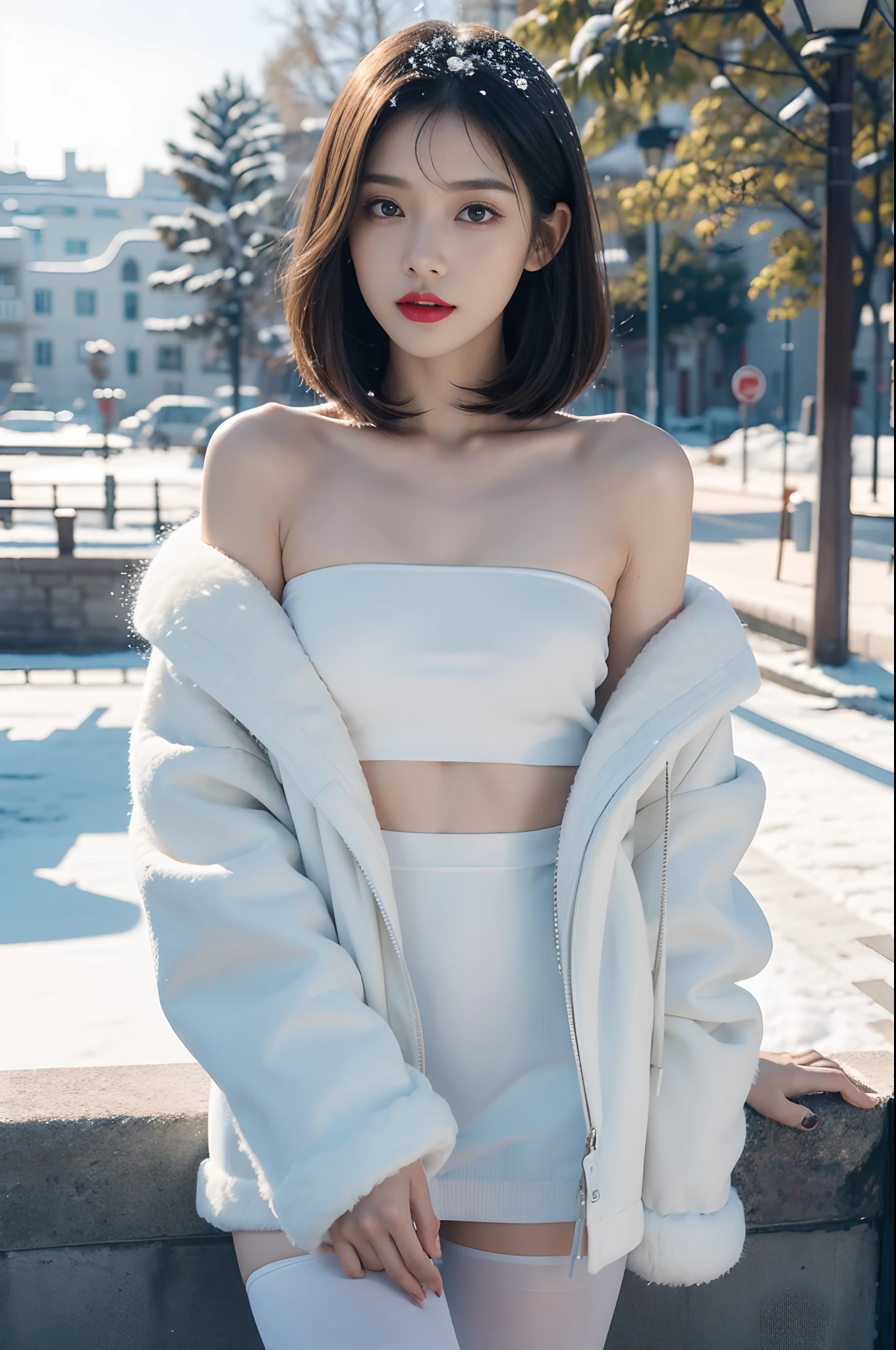 best quality, 4k, 8k, Detailed face, clear face, a pretty girl,Exquisite Makeup, Red lips,laugh, perfect body,shoulder length straight bob hair,small head,small face,big watery eyes,small breasts,thigh,slim,thin, The girl wears a wide white mink fur coat, Underneath the jacket was White sweater and pantyhose, Snowscape, winter, snow town,from front