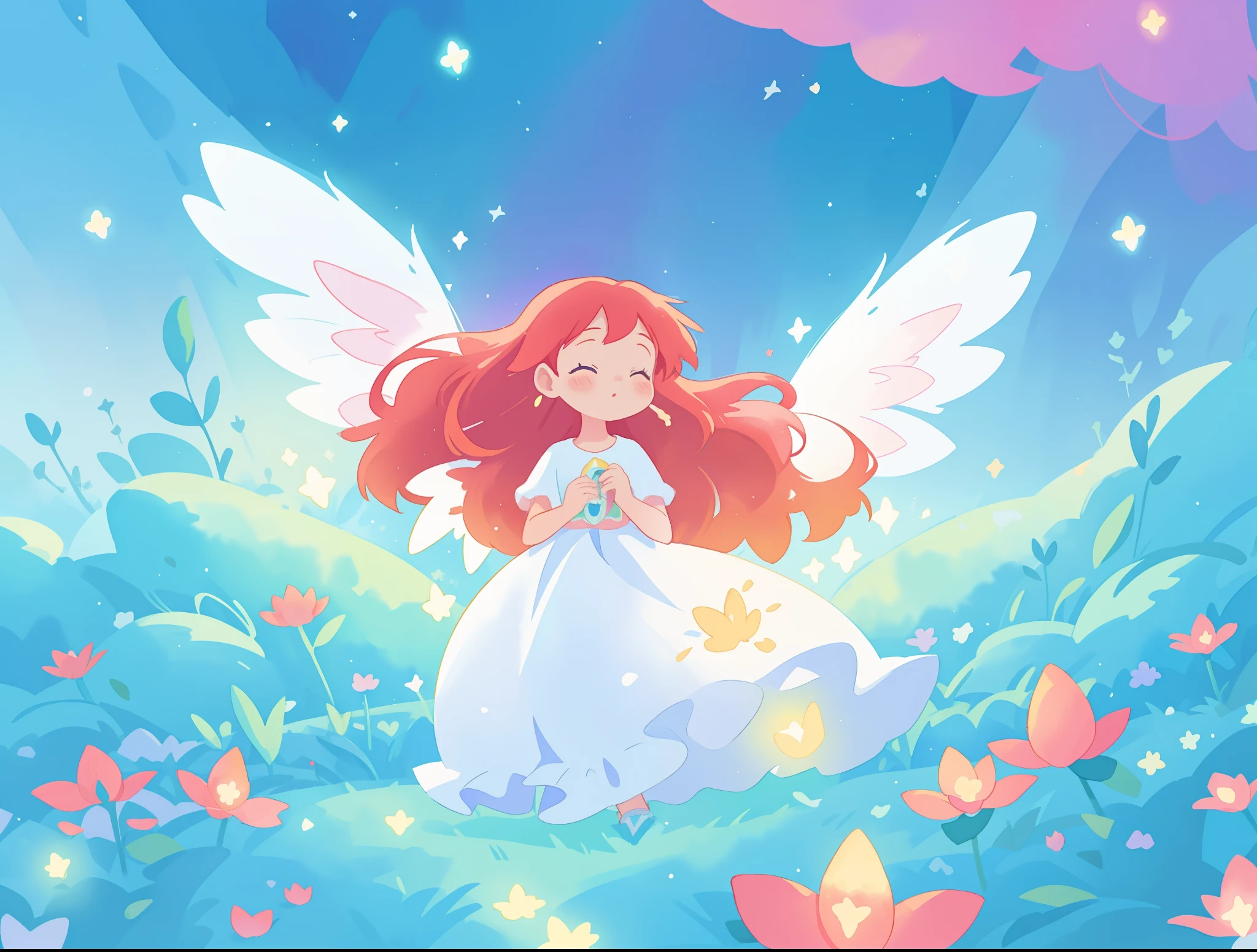 beautiful angel girl in sparkling white dress, (huge sparkling angel wings), glowing ballgown, long red hair, watercolor illustration, flowers and colorful plants, disney art style, glowing aura around her, glowing lights, beautiful digital illustration, fantasia otherworldly landscape plants flowers, beautiful, masterpiece, best quality, anime disney style