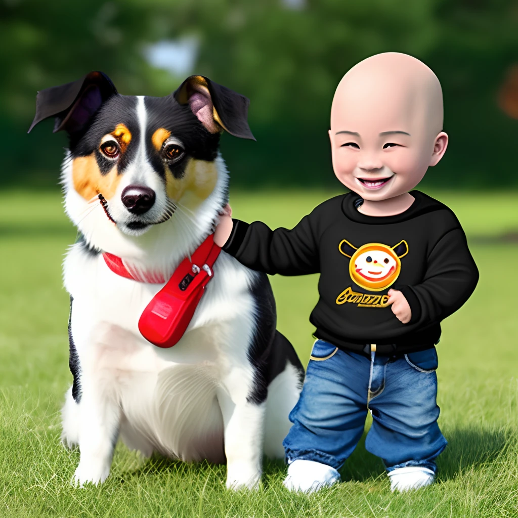 Cute little boy and cute puppy、front、