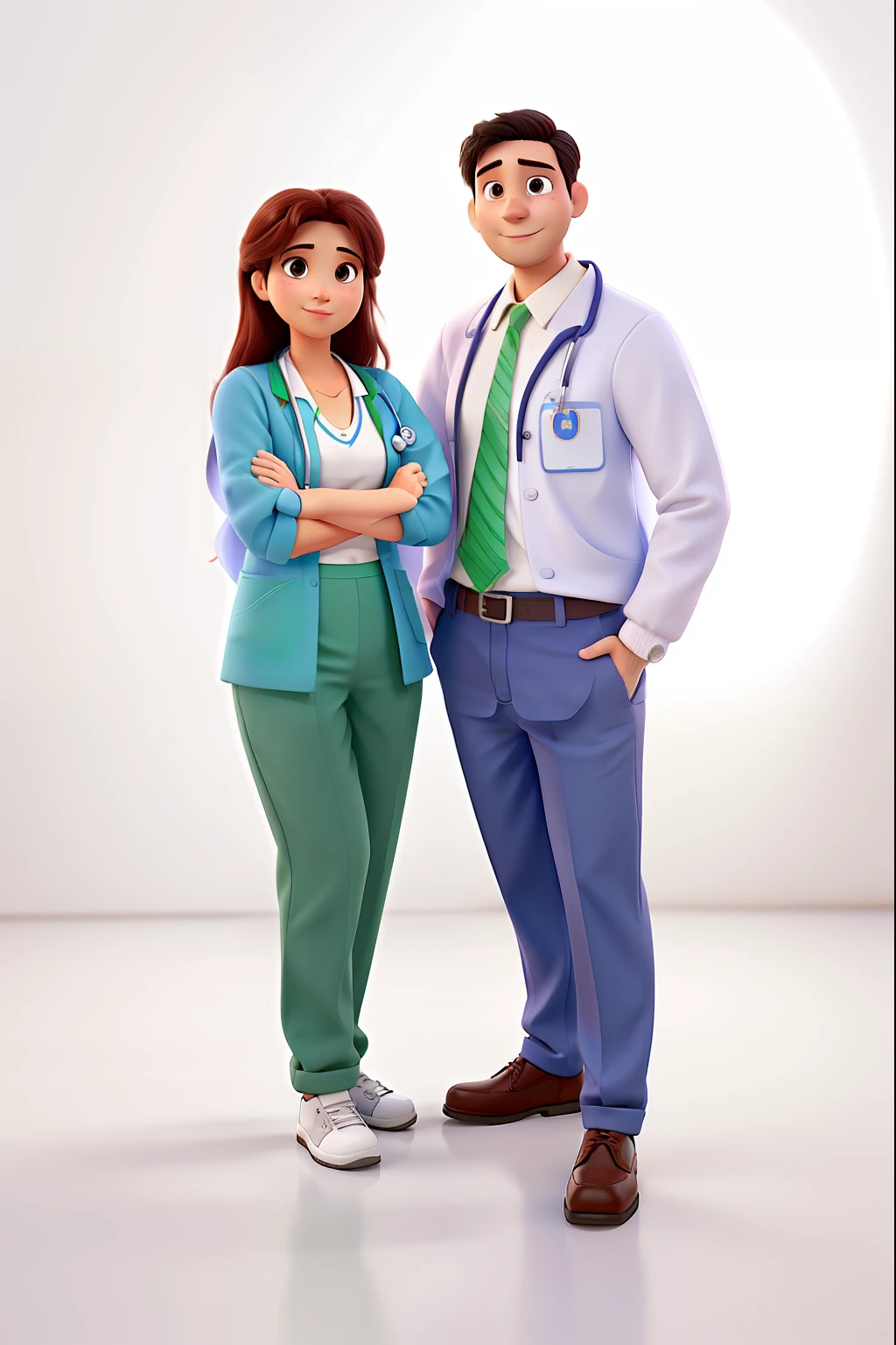 Um casal, na frente de um hospital, in doctors' clothes, no estilo PIXAR.