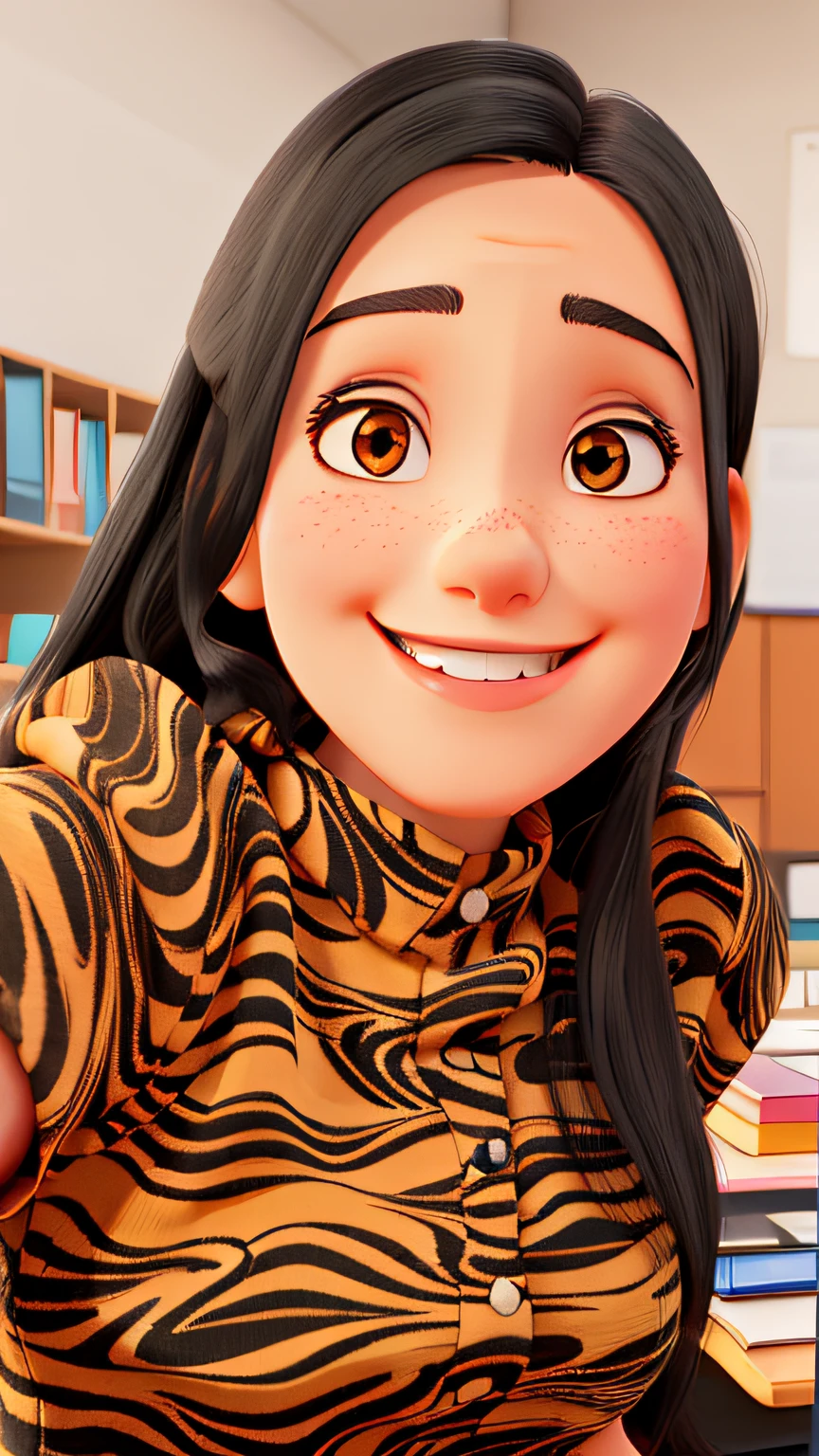 Smiling woman with straight black hair in an office setting