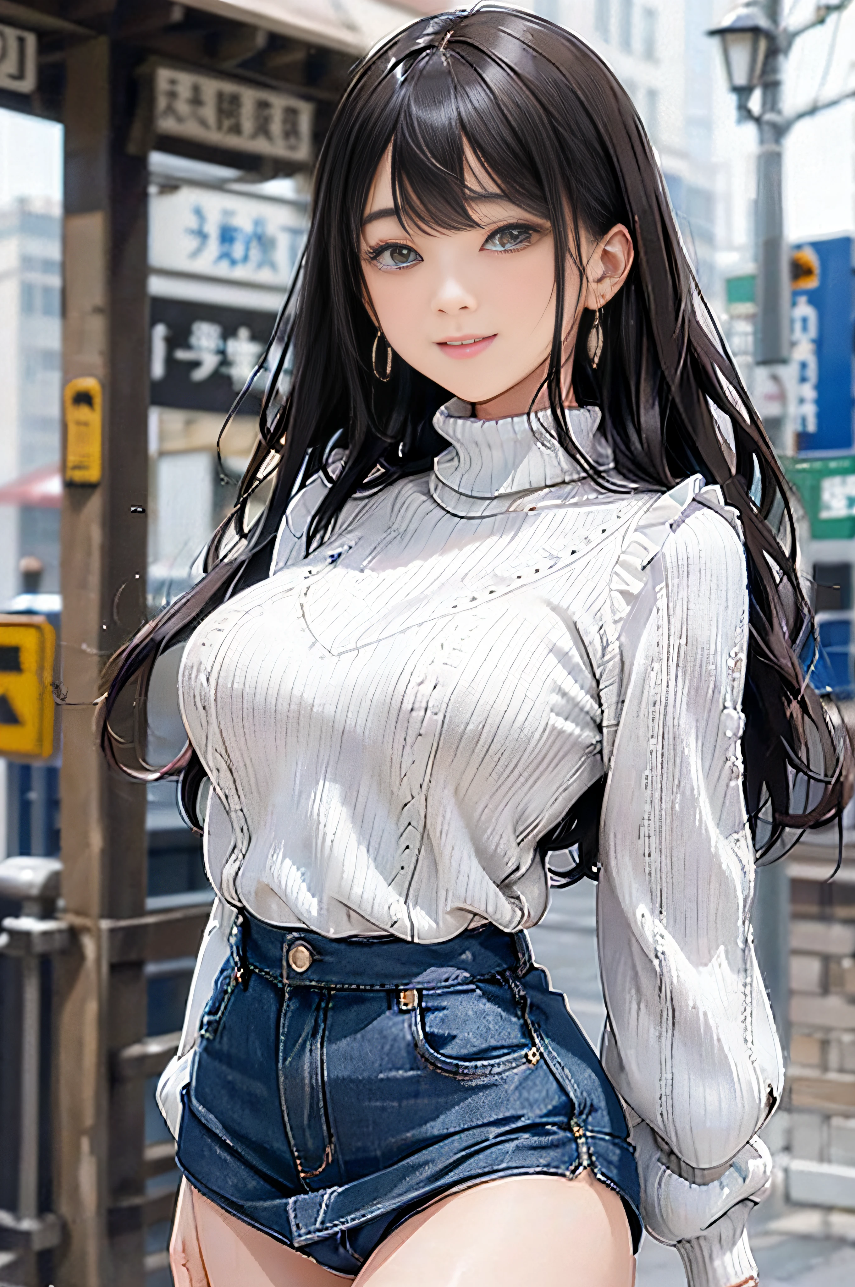 (White turtleneck knit)、Denim Mini Skirt、20 year old girl, breasts of medium size,, Puffy nipple、Forward bends with emphasis on the chest、Black hair、Long Wave Hair,in the city street, a necklace、Earring、knee high stockings、high-heels ((Very detailed)), Shy smile、Kamimei、(Perfectly detailed face), (Well detailed hands) Photorealistic images、full body seen、emphasis on the buttocks