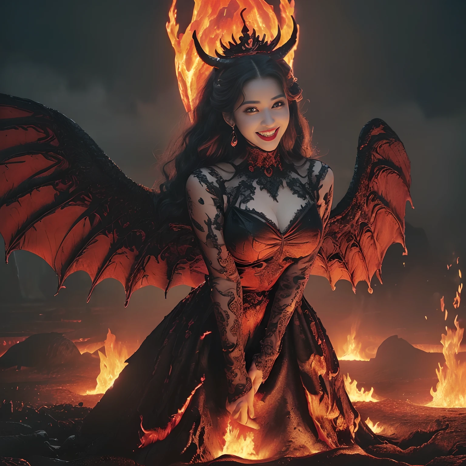 (((A large amount of lava flowing on the ground,Lava flowing in large quantities,Glowing lava))),((A very beautiful demon queen,Luxurious long dresses,Giant Devil Tiara,Big Princess Dresses,Final form as a complete demon,The Devil's Masterpiece,Frightening giant wings,Huge and intricate demon wings,Big Devil's Horn,Realistic and big horns,Creepy horns,Wings with a very elaborate texture,Wings with a very complex texture,Creature wings with a very realistic texture,Wings of a terrifying monster,The most intricate and luxurious gothic dresses,Bright red lipstick,Mouth dripping with blood,Red Eyes,The most gorgeous princesses dress up with achievements,The most beautiful princesses in the world,Spooky and beautiful demons,The cutest face,Intricate and solemn black dress,The background is intricate and detailed volcanic lava, Evil and beautiful demon,The most majestic appearance of the Demon Queen,Huge Queen Tiara,The most complex depictions of demons,Accurate reproduction of perfect demonic details,The appearance of an unimaginably gorgeous demon,The unimaginably huge and beautiful appearance of the demon,A large amount of lava flows in the background,Lava erupts violently,Stand in the crater of a lava-splashing volcano,Lumpy ground,The ground cracks and lava is visible,Lava is flowing,Realistic and complex lava)),((Most beautiful face,Half Japan and half Spanish,The happiest smile,Beautiful wavy hair,The most luxurious and intricate dresses,The biggest smile staring at the camera,A dress that tightens the waist,Slimed,Emphasize body lines,Giant wings of the devil,masutepiece,8K,very intricate,ultra-detailliert))