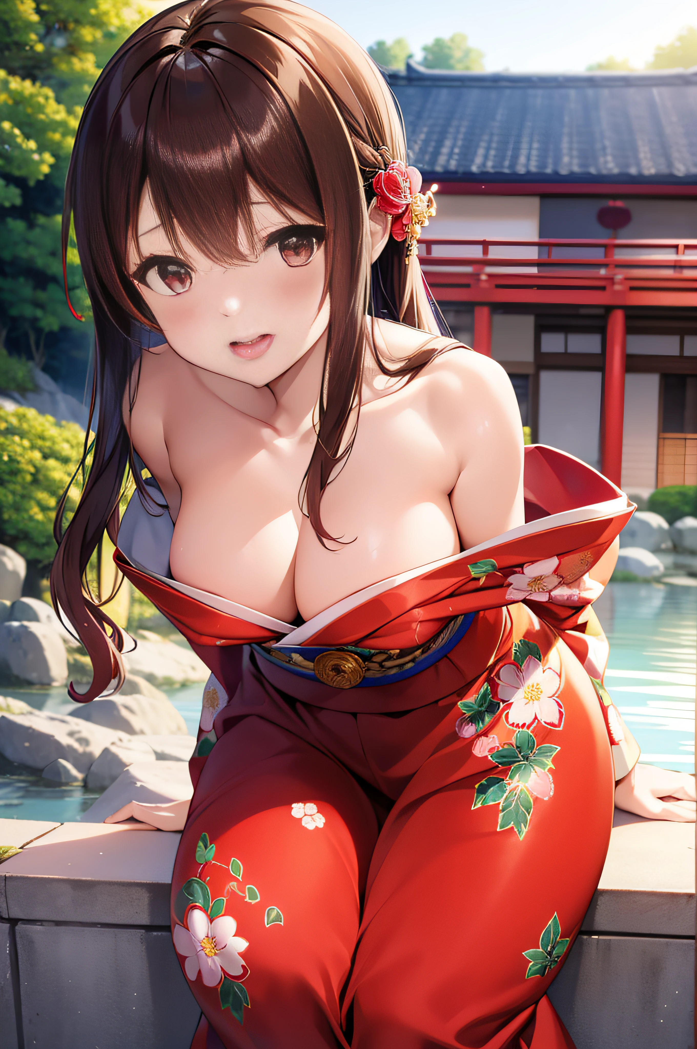 masutepiece, Best Quality, 1girl in、25 years old women, udder of medium size,, Curve, Perfect female body,Long Wave Hair、 Bright red kimono, Floral pattern, 鎖骨, off shoulders, Crouch Pose、Leaning forward to emphasize the chest、hot spring town