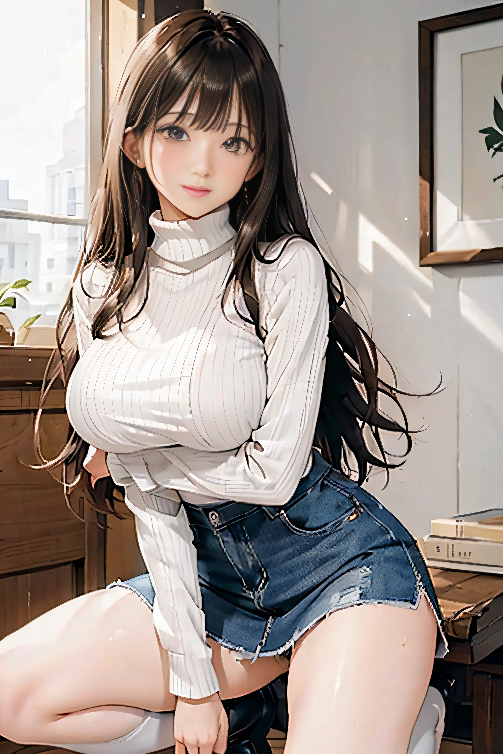 20 year old girl (White Turtleneck Blouse、Blouse with no visible navel、clothes wet), (Tight Mini Denim Skirt), Medium chest, Puffy nipple、with both arms、Squatting pose with both knees up、high-heels、stick out buttocks、hot spring town、 Shy smile, Kamimei、Brown-eyed、Wavy long hair、dark brown hair、 (Perfectly detailed face), (Well detailed hands) Photorealistic images、Beautiful necklace、耳Nipple Ring