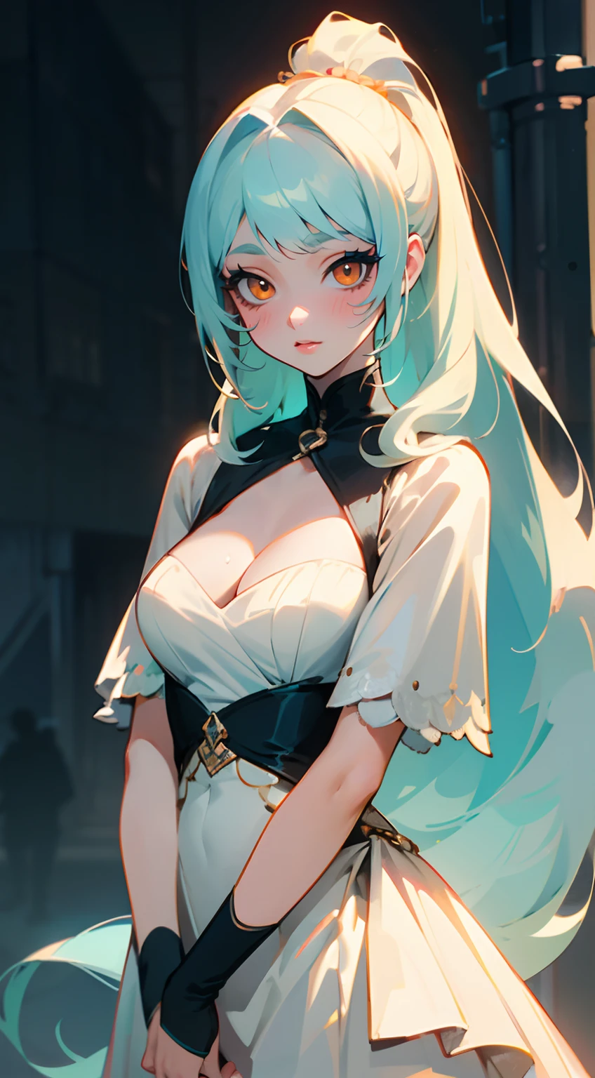 Stunning woman , orange eyes , light blue hair , thick eyelashes, small waist, extremely long hair , hair in a ponytail, has bangs , has blush , age 23
Dressed like a baddie , big hair , long eye lashes , sexy dress , cleavage , blow out hair style , make up ,
City background,
(masterpiece, best quality )detailed, 1Character , pastel washed out colors , cell shade , soft, muted shades ,gentle colors ,