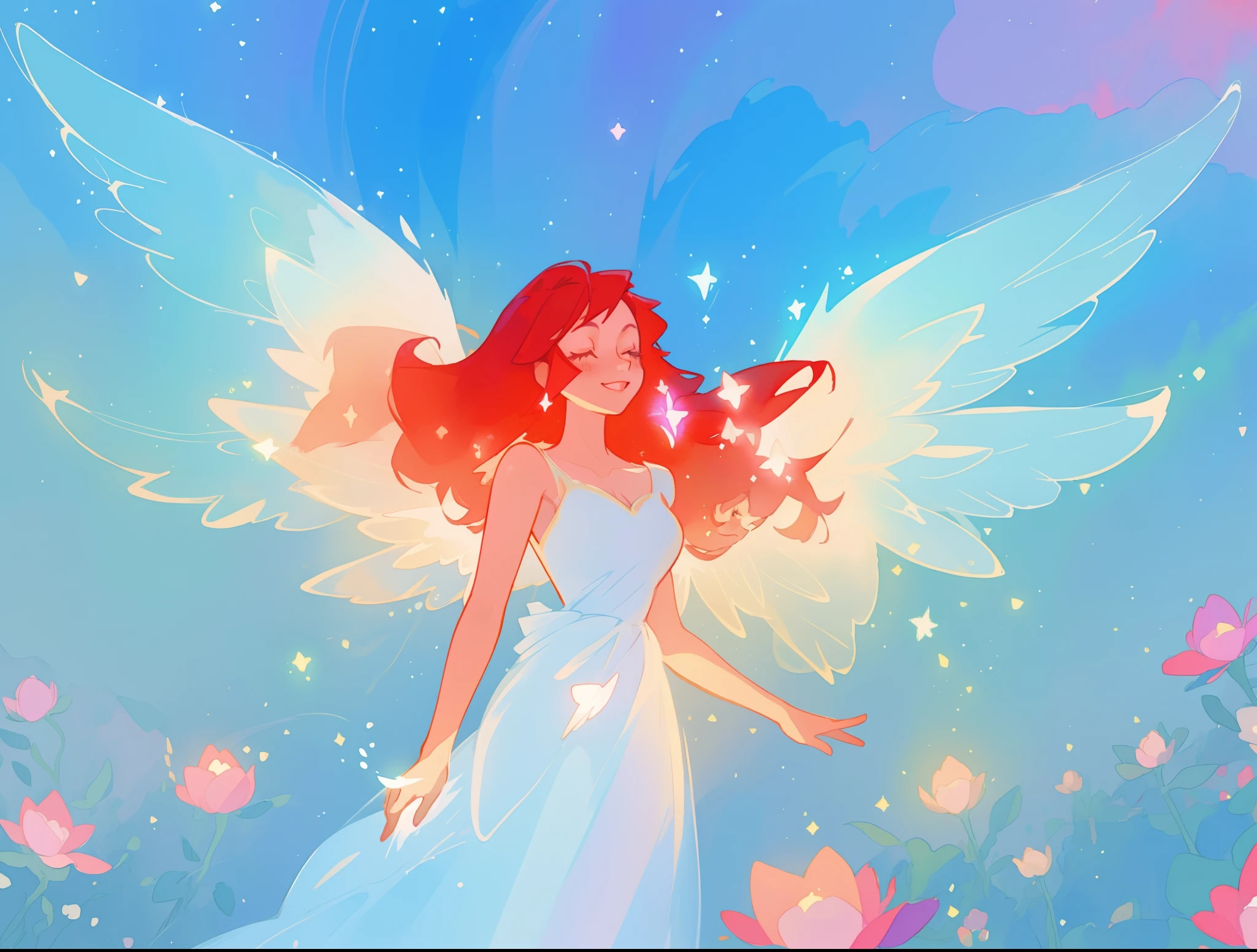 beautiful angel girl in sparkling white dress, (huge sparkling angel wings), glowing ballgown, long red hair, watercolor illustration, flowers and colorful plants, disney art style, glowing aura around her, glowing lights, beautiful digital illustration, fantasia otherworldly landscape plants flowers, beautiful, masterpiece, best quality, anime disney style