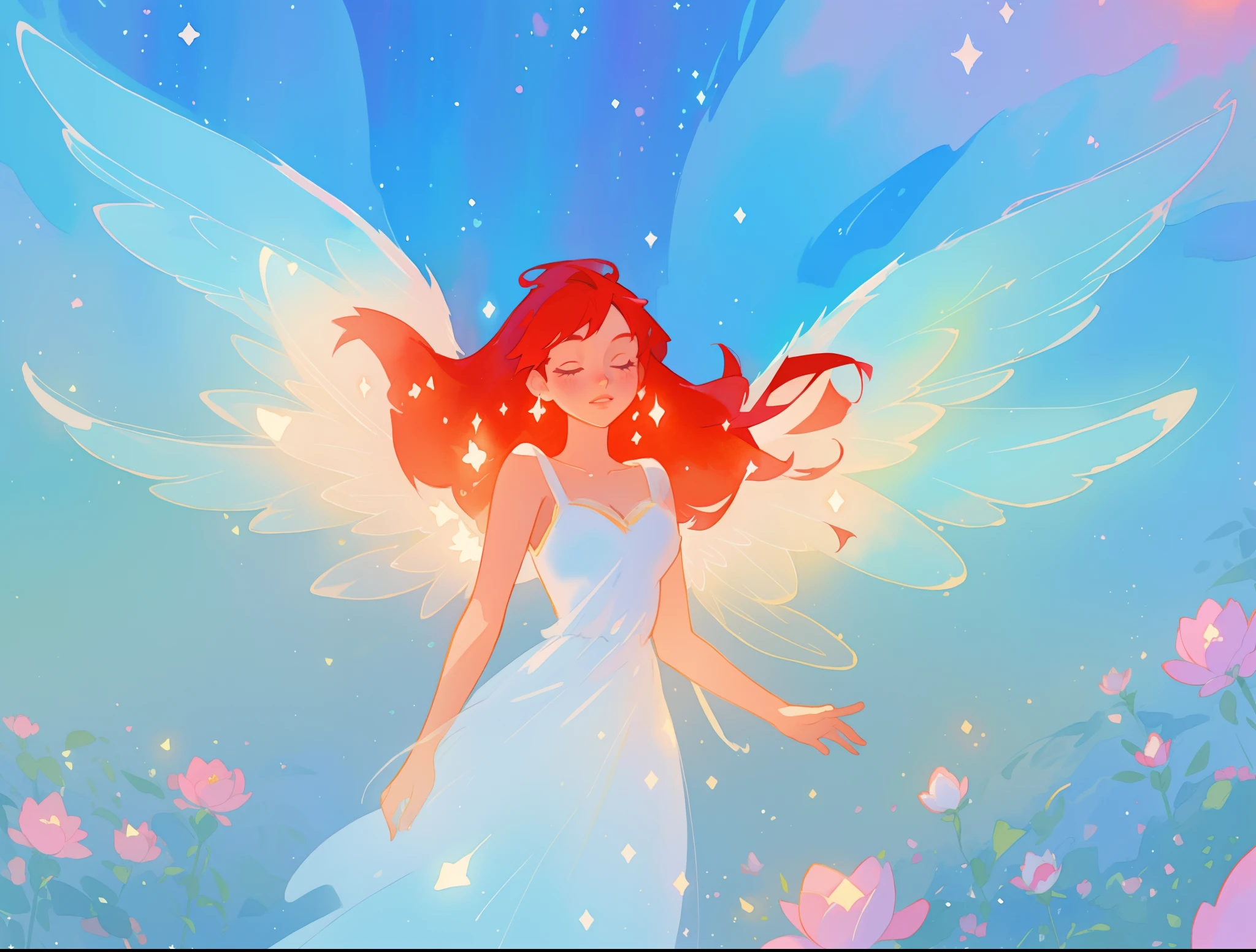 beautiful angel girl in sparkling white dress, (huge sparkling angel wings), glowing ballgown, long red hair, watercolor illustration, flowers and colorful plants, disney art style, glowing aura around her, glowing lights, beautiful digital illustration, fantasia otherworldly landscape plants flowers, beautiful, masterpiece, best quality, anime disney style