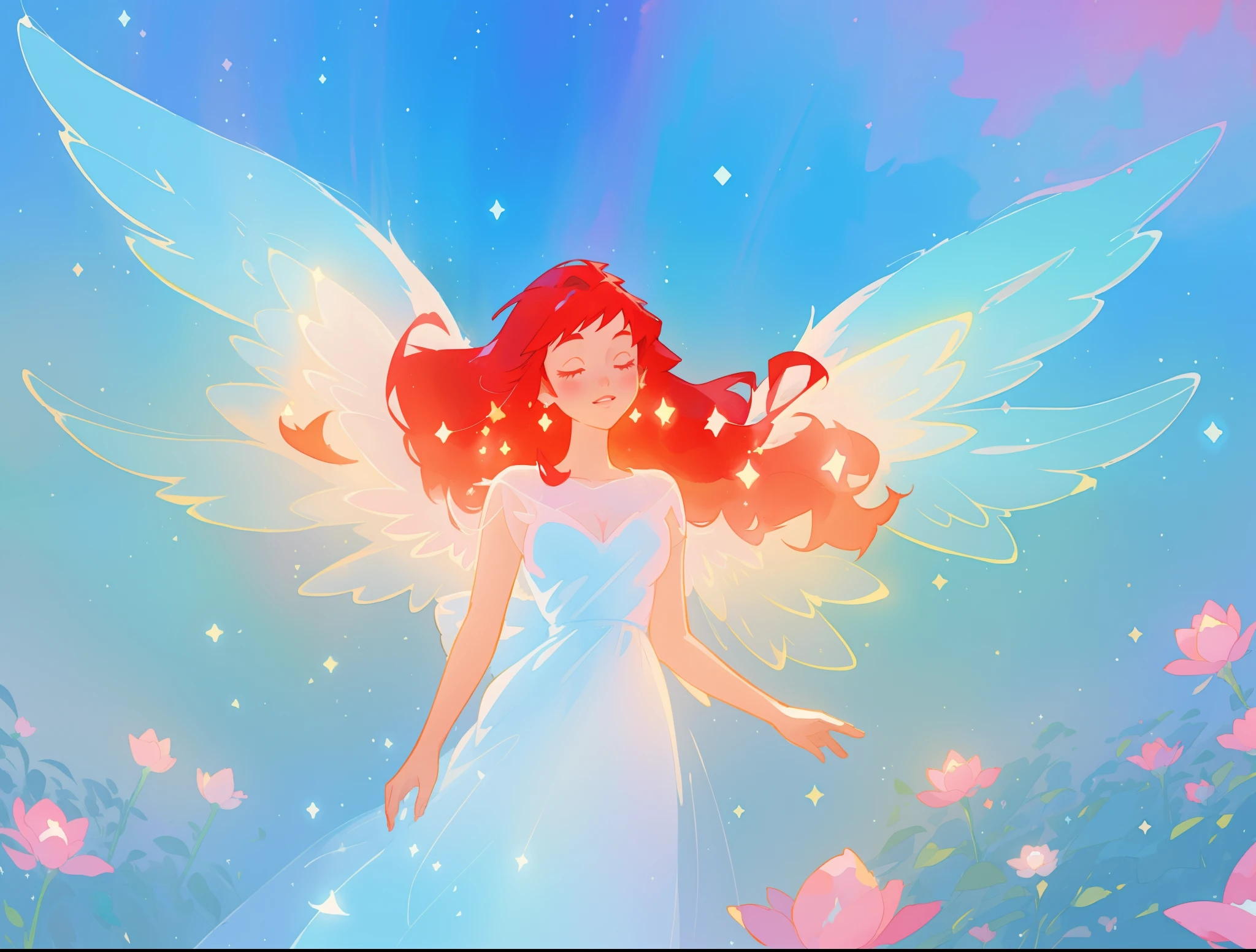 beautiful angel girl in sparkling white dress, (huge sparkling angel wings), glowing ballgown, long red hair, watercolor illustration, flowers and colorful plants, disney art style, glowing aura around her, glowing lights, beautiful digital illustration, fantasia otherworldly landscape plants flowers, beautiful, masterpiece, best quality, anime disney style