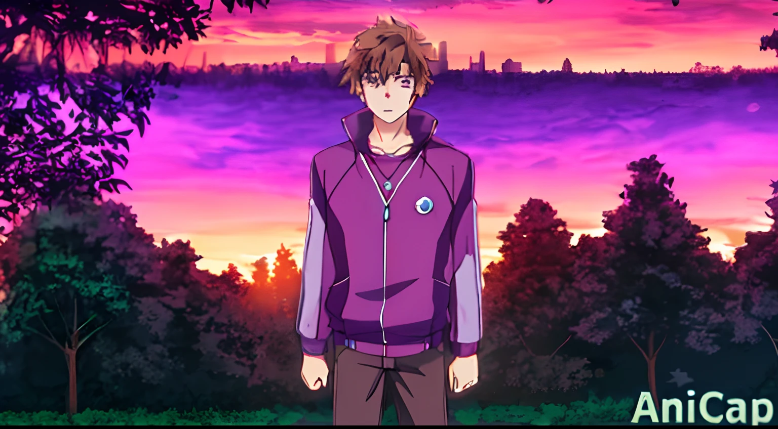 Brown-haired boy with purple eyes wearing a school sweatshirt and a pendant with a purple aura glowing around him, with a park in the background, several trees, and the sunset