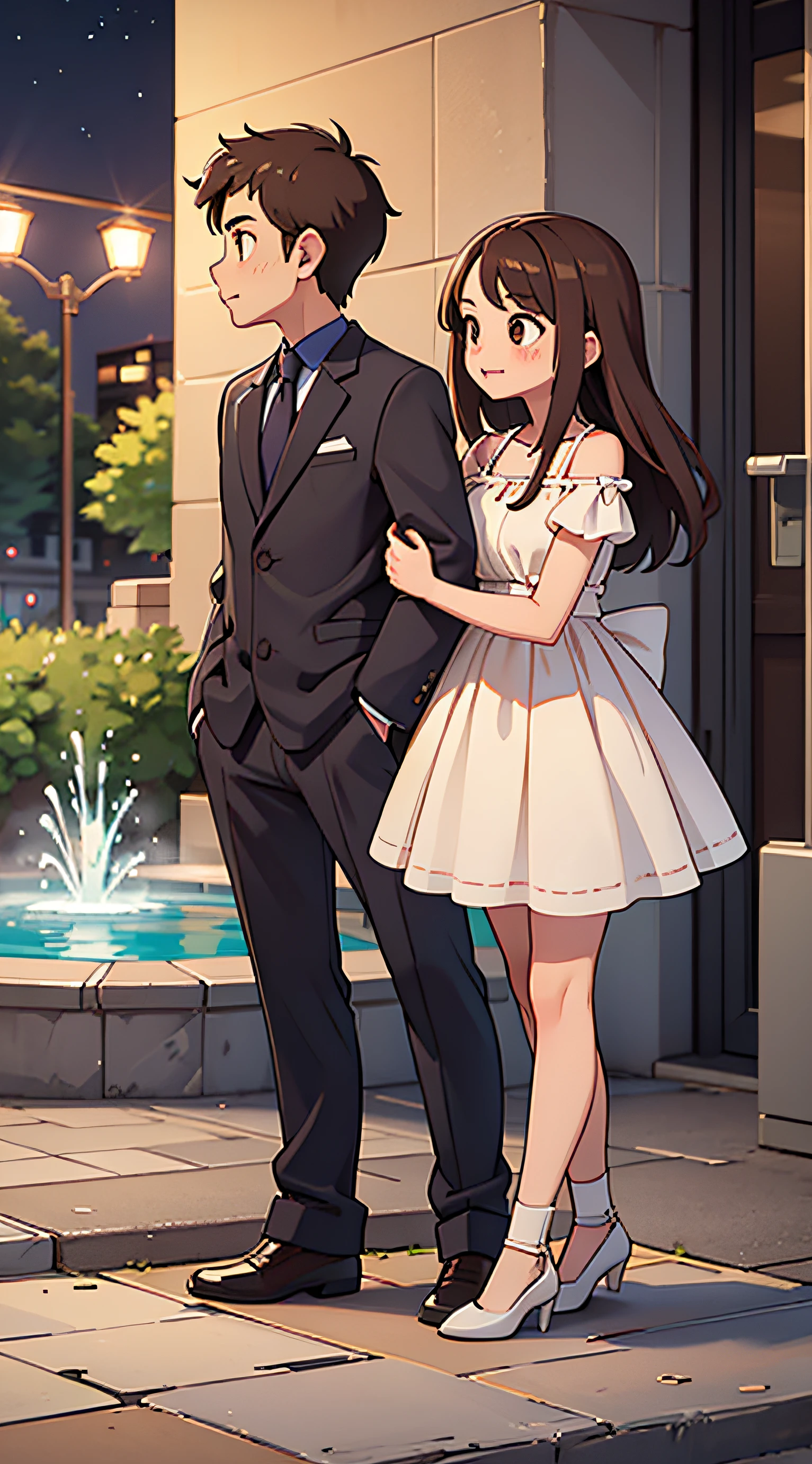 Guy with short brown hair. Girl with long brown hair and dress. Date on the street, Standing in the fountain, the night