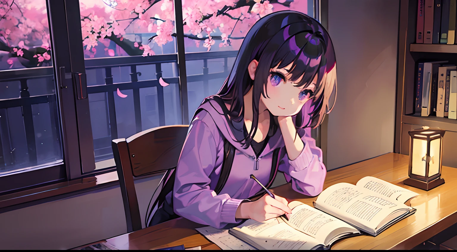 1girl, solo, read book, purple neon lamp, cherry blossoms, window, night, books, table, indoors