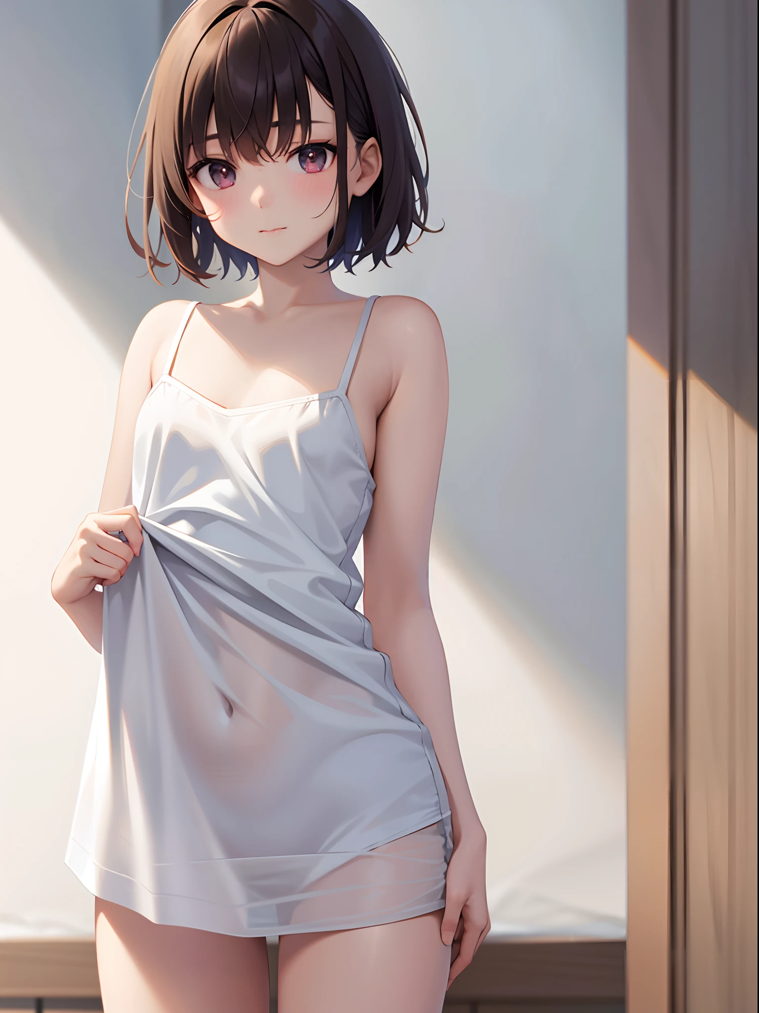 (white long camisole, exposed white panties, shirt lift, self-lift: 1.2), from top, upper body, masterpiece, best quality, raw photo, photorealistic, small bust, face light, film grain, chromatic aberration, absurdity, high resolution, ultra detail, detail, detailed eyes and face, sharp pupils, realistic pupils, sharp focus, indoor, short hair, young