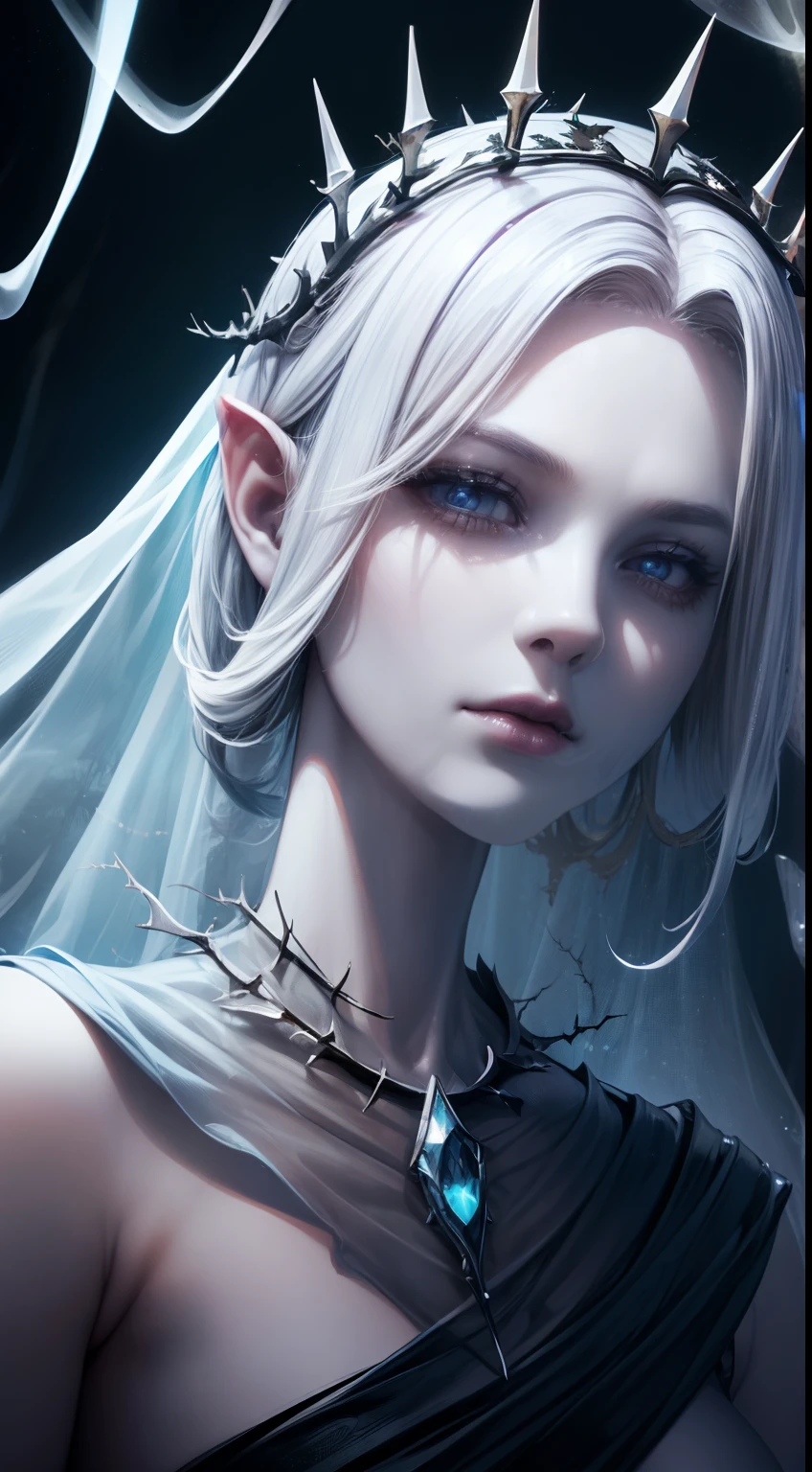 (((a ghostly transparent female wraith))) wearing a crown of thorns in a creepy background forest at midnight. 32k resolution, unreal engine 5, Julek Heller artwork, Cinematic. brush stroke effects. Perfect render, high quality, best quality. Close up.