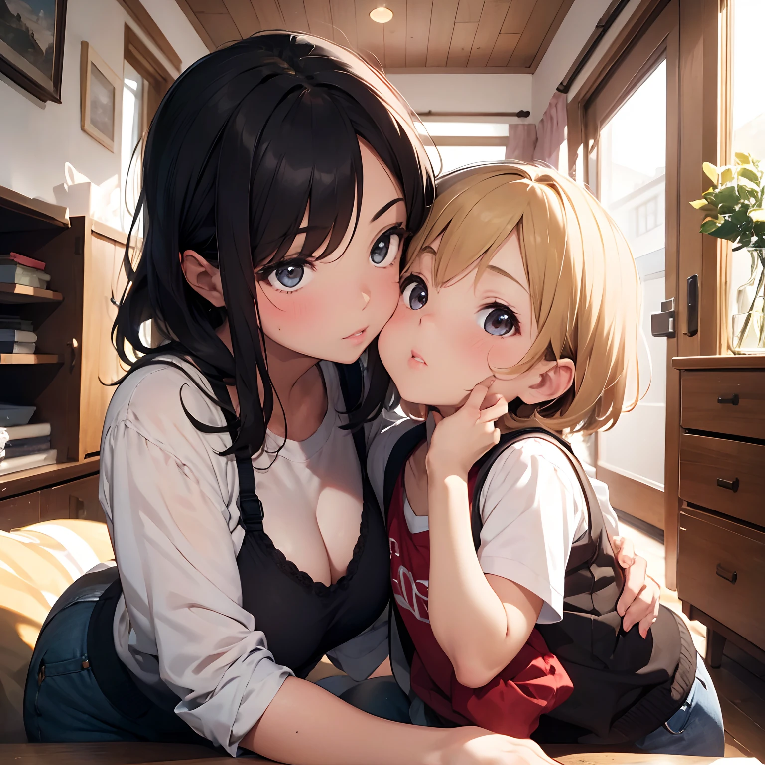 (milf and boy kissing on the lips), living room, detailed background
