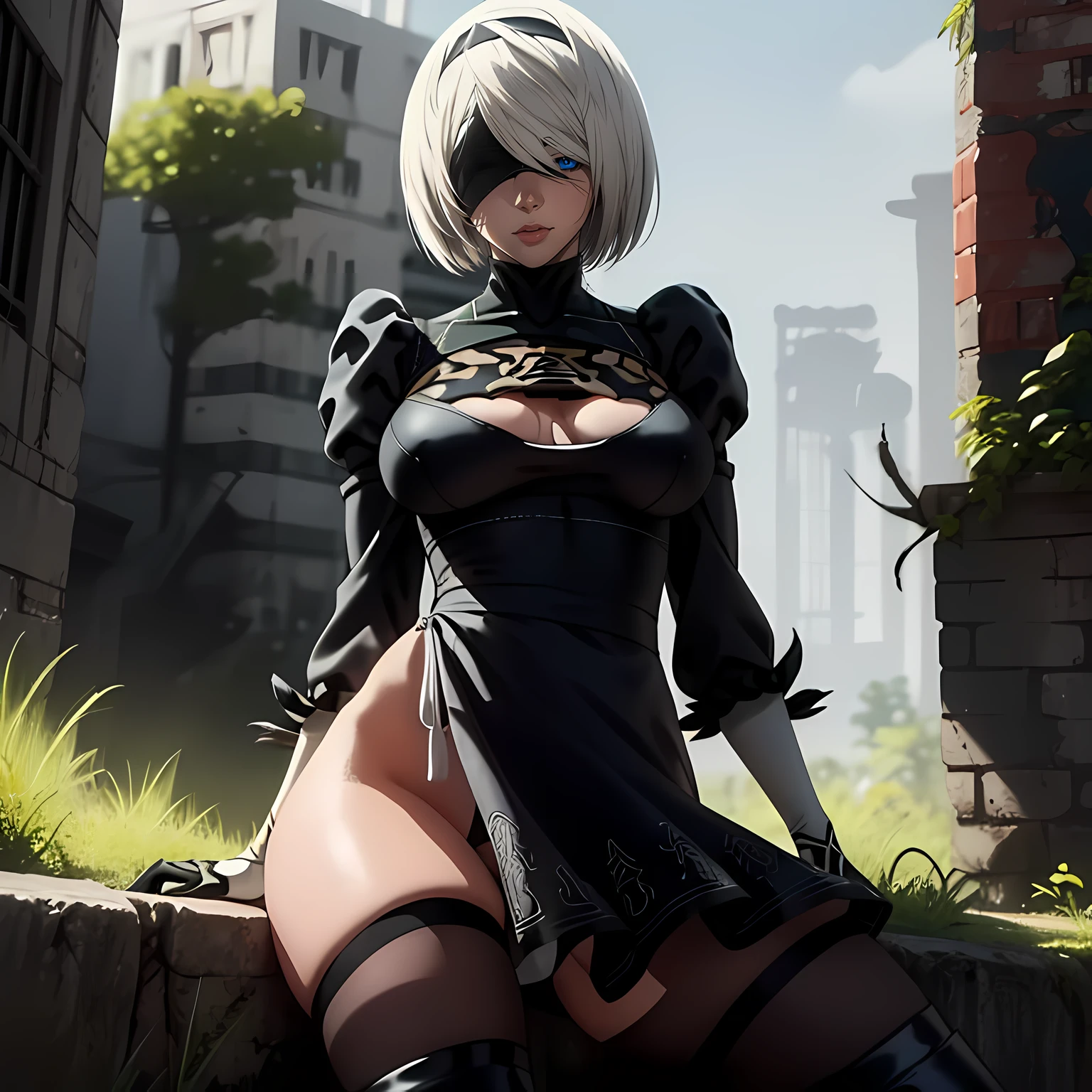 ruined city, A city overgrown with plants, Ruins, 2b от Nier Automata, White Hair Bob, ashy hair, The eyes are covered with a bandage, Cyan eyes, black dress with a short skirt, neckline on the chest, white panty, black stockings, high black boots, high-heeled boots, very extremely beautiful, Full-length(Body Full 1.1),Game nier automata, high detail official illustrations, ((beautiful fantasy girl))，Red Small Breasts, Her breasts are sticking out from under her clothes, BREAK (Master Part: 1.2), Best Quality, High Resolution, photorealestic, photogenic, Unity 8k壁纸, (illustartion: 0.8), (beautiful detailed blue eyes: 1.6), extremely detailed face, perfect  lighting, extremely detailed CGI , (perfect arms, perfect anatomy), A girl with perfect breasts, beatiful face, master study, intricate details, Detalhes realistas, the anime, (Based on nier automata) the perfect body, Perfect Pointed Breasts, The Perfect Girl, perfect details, Ultra HD |, 8K, Professional photo, 2B Shows Off His Sexy Body,