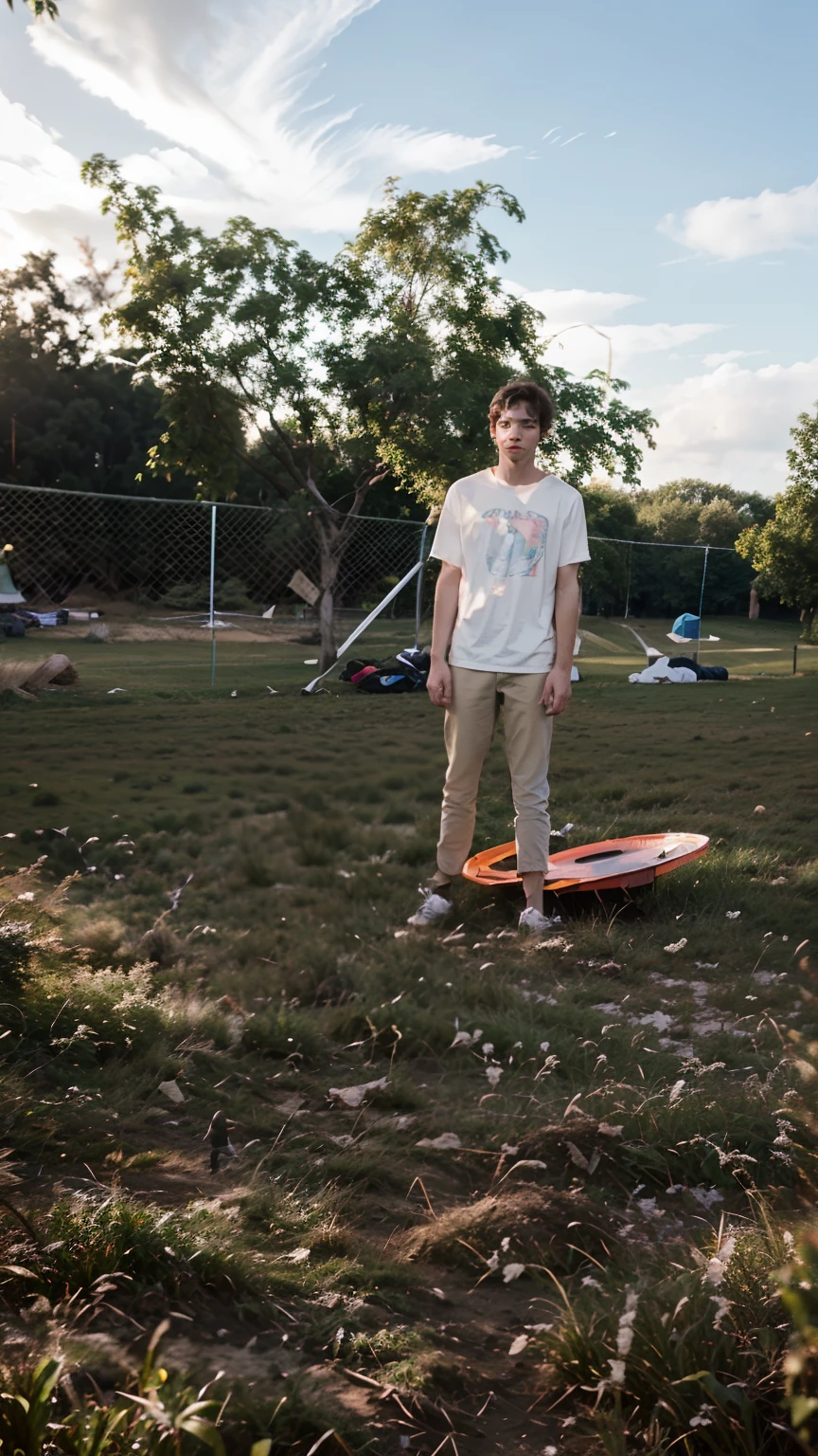 there is a man standing in a field with a frisbee, very very low quality picture, at a park, with a park in the background, full body picture, taken with the best dlsr camera, park in background, in a park, with a park in the back ground, distant full body shot, scenary, blurry image, background is heavenly, background blur