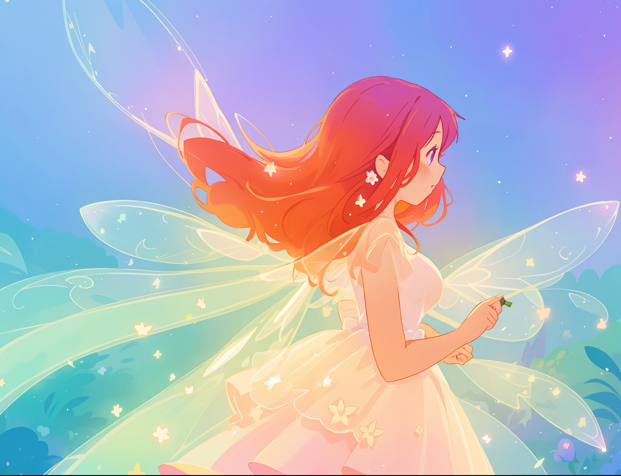beautiful fairy girl in sparkling flowing dress, fairy dress, (huge sparkling white fairy wings), fairy queen, glowing flowing ballgown, long red hair, sparkling fairy wings, watercolor illustration, flowers and colorful plants, disney art style, glowing aura around her, glowing lights, beautiful digital illustration, fantasia otherworldly landscape plants flowers, beautiful, masterpiece, best quality, anime disney style