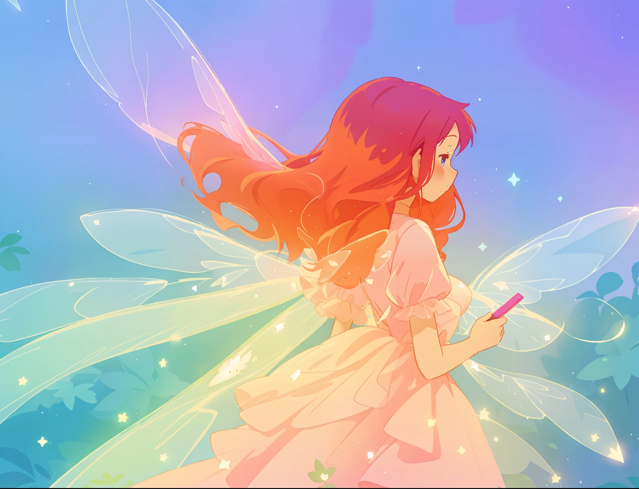 beautiful fairy girl in sparkling flowing dress, fairy dress, (huge sparkling white fairy wings), fairy queen, glowing flowing ballgown, long red hair, sparkling fairy wings, watercolor illustration, flowers and colorful plants, disney art style, glowing aura around her, glowing lights, beautiful digital illustration, fantasia otherworldly landscape plants flowers, beautiful, masterpiece, best quality, anime disney style