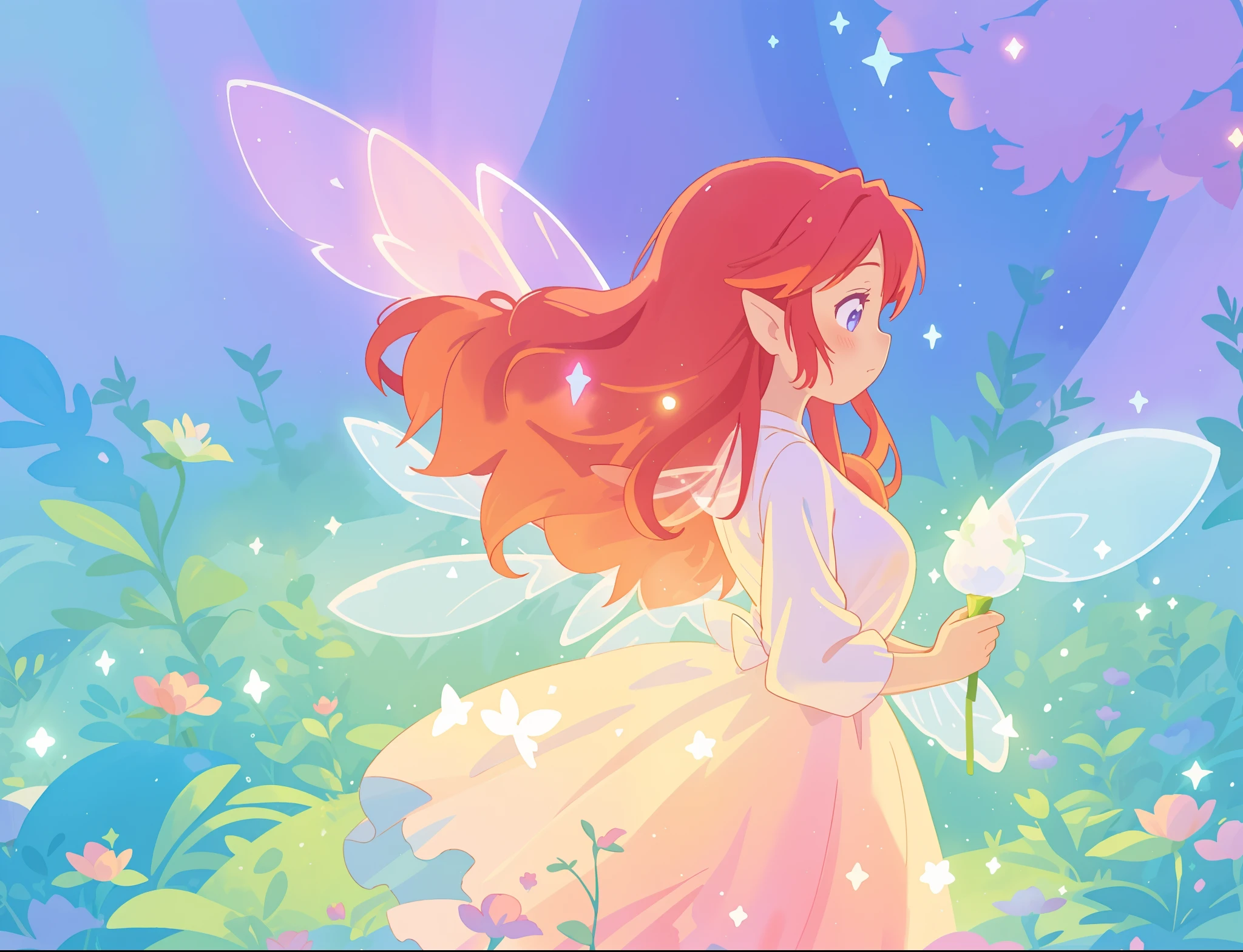 beautiful fairy girl in sparkling flowing dress, fairy dress, (huge sparkling white fairy wings), fairy queen, glowing flowing ballgown, long red hair, sparkling fairy wings, watercolor illustration, flowers and colorful plants, disney art style, glowing aura around her, glowing lights, beautiful digital illustration, fantasia otherworldly landscape plants flowers, beautiful, masterpiece, best quality, anime disney style