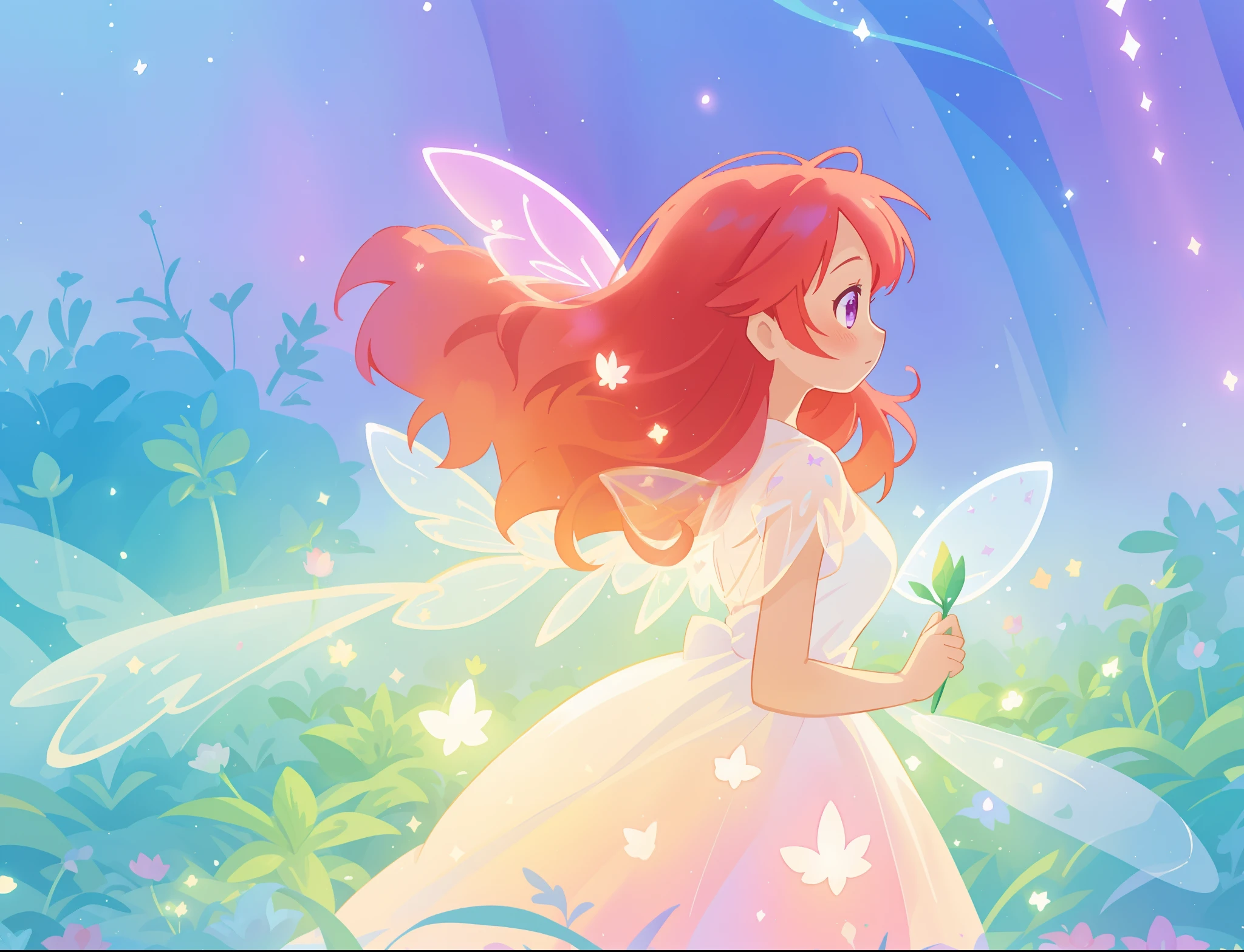 beautiful fairy girl in sparkling flowing dress, fairy dress, (huge sparkling white fairy wings), fairy queen, glowing flowing ballgown, long red hair, sparkling fairy wings, watercolor illustration, flowers and colorful plants, disney art style, glowing aura around her, glowing lights, beautiful digital illustration, fantasia otherworldly landscape plants flowers, beautiful, masterpiece, best quality, anime disney style