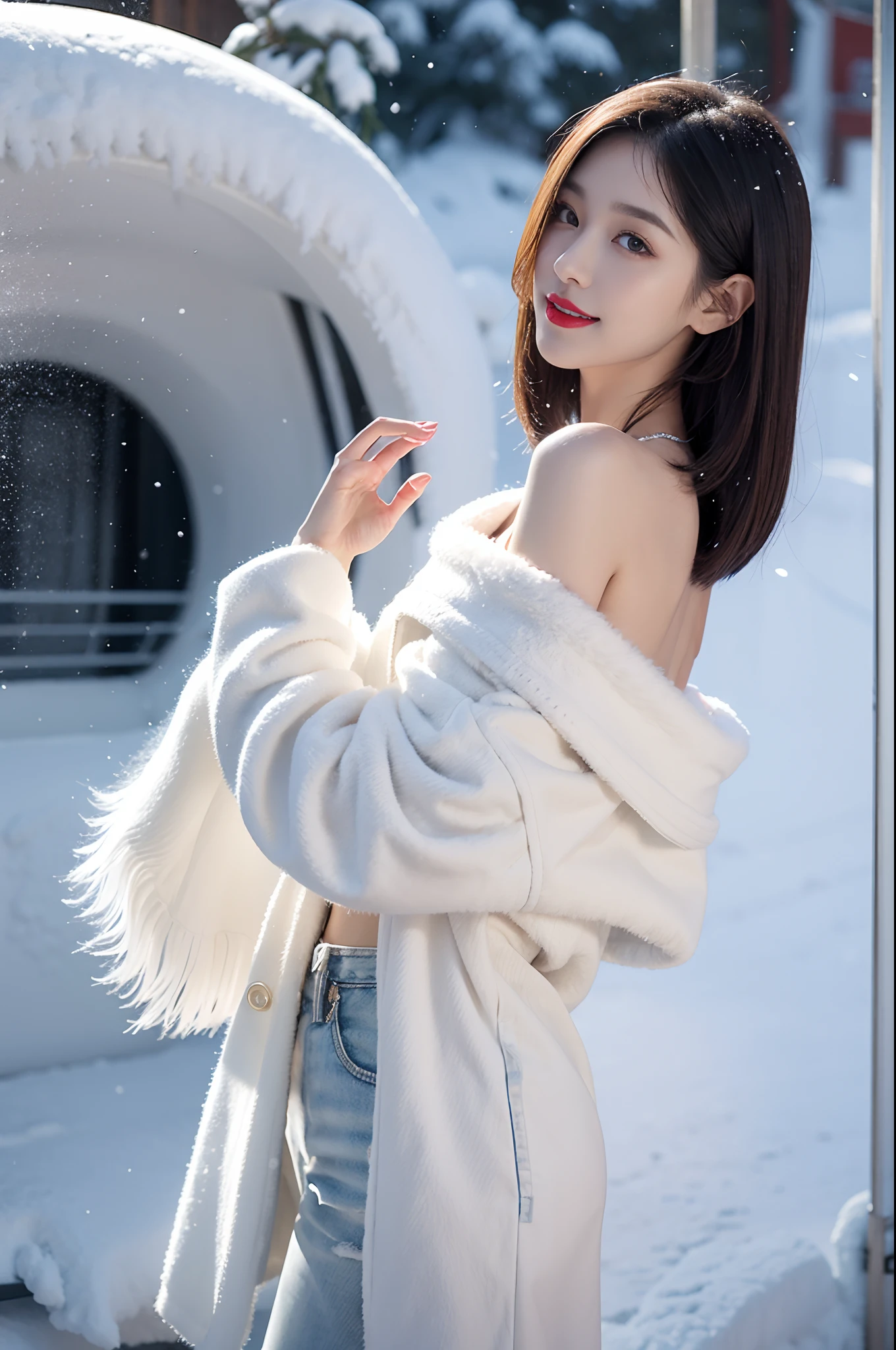 best quality, 4k, 8k, Detailed face, clear face, a pretty girl,Exquisite Makeup, Red lips,laugh, perfect body,shoulder-length straight bob hair,small head,small face,big watery eyes,small breasts,thigh,slim,thin, The girl wears a wide white mink fur coat, Underneath the jacket was White sweater and denim pants, Snowscape, winter, snow town,from back