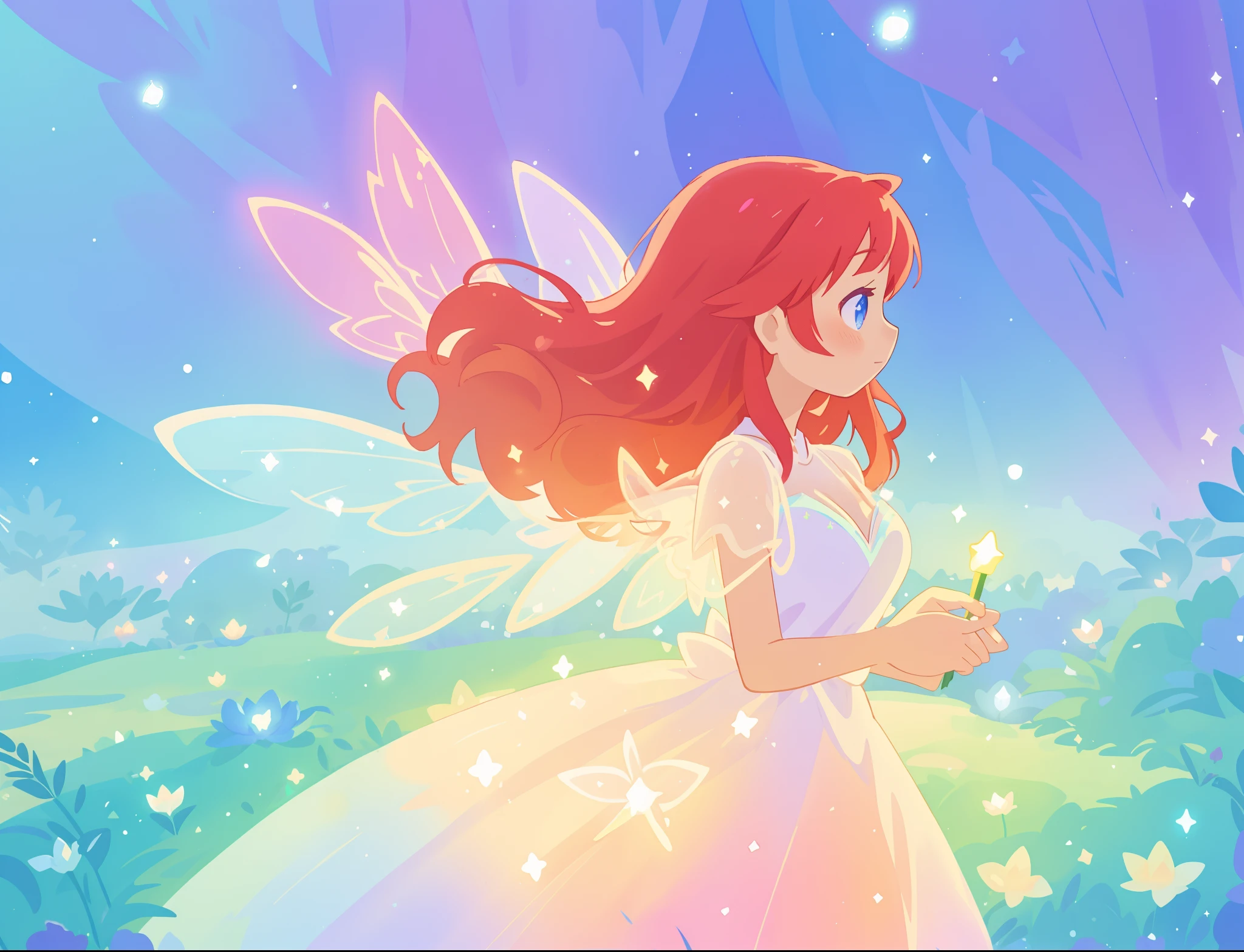 beautiful fairy girl in sparkling flowing dress, fairy dress, (huge sparkling white fairy wings), fairy queen, glowing flowing ballgown, long red hair, sparkling fairy wings, watercolor illustration, flowers and colorful plants, disney art style, glowing aura around her, glowing lights, beautiful digital illustration, fantasia otherworldly landscape plants flowers, beautiful, masterpiece, best quality, anime disney style