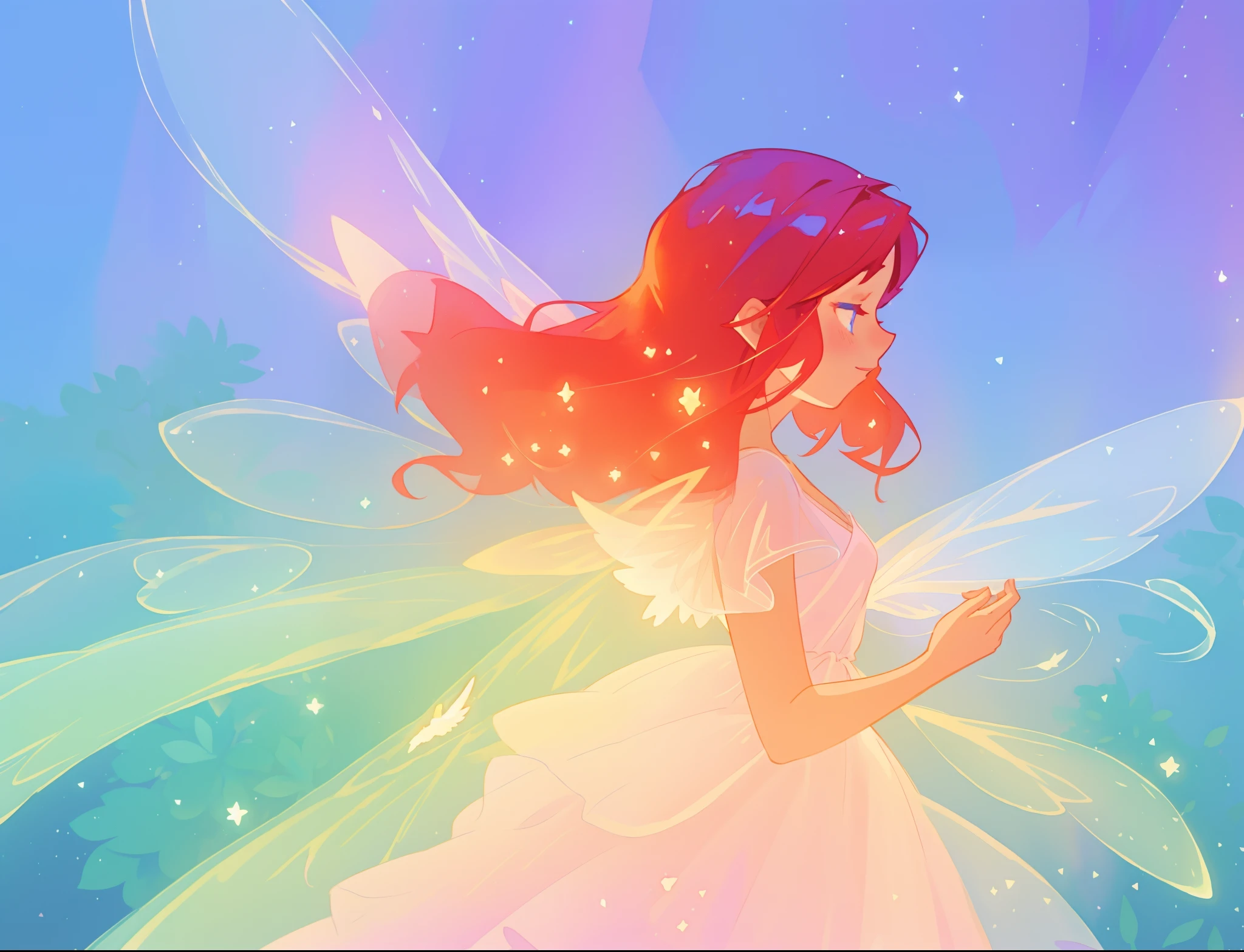 beautiful fairy girl in sparkling flowing dress, fairy dress, (huge sparkling white fairy wings), fairy queen, glowing flowing ballgown, long red hair, sparkling fairy wings, watercolor illustration, flowers and colorful plants, disney art style, glowing aura around her, glowing lights, beautiful digital illustration, fantasia otherworldly landscape plants flowers, beautiful, masterpiece, best quality, anime disney style