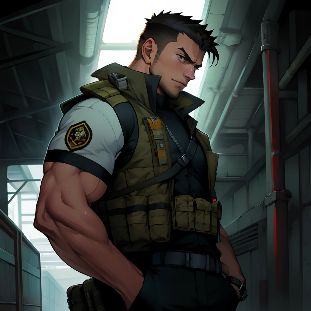 Lean muscular Anime guy wearing a Tactical Vest while looking down at me