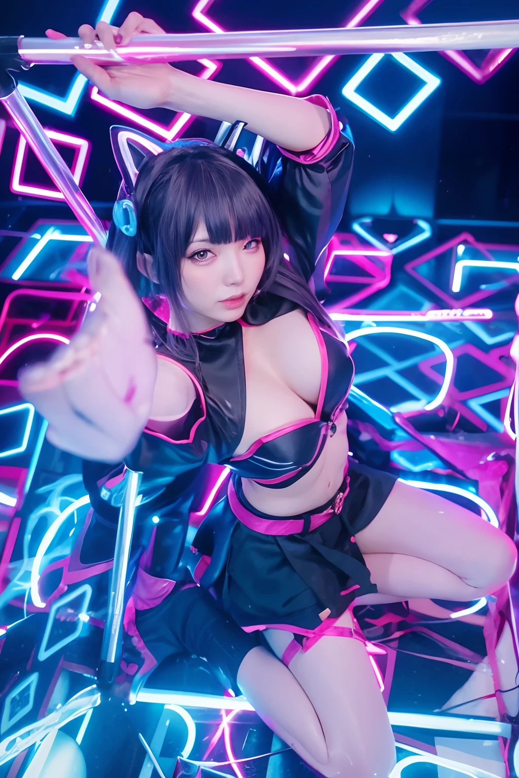 a woman in a black and pink outfit is posing for a picture, oppai cyberpunk, anime style mixed with fujifilm, cyberpunk anime girl, trending at cgstation, neon noire, profile picture 1024px, cyberpunk with neon lighting, cyber punk setting, female cyberpunk anime girl, e - girl, e-girl, trending on cgstation, in cyberpunk style