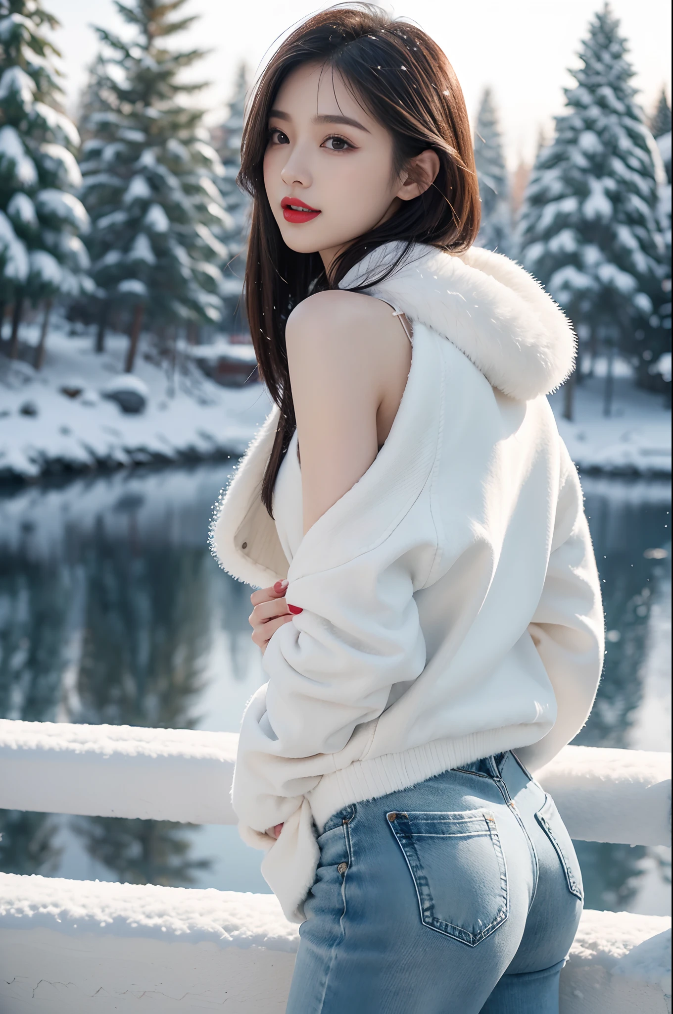 best quality, 4k, 8k, Detailed face, clear face, a pretty girl,Exquisite Makeup, Red lips,laugh, perfect body,shoulder-length straight bob hair,small head,small face,big watery eyes,small breasts,thigh,slim,thin, The girl wears a wide white mink fur coat, Underneath the jacket was White sweater and denim pants, Snowscape, winter, snow town,from back