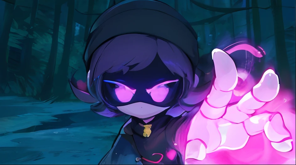 um close up de uma pessoa segurando um objeto brilhante em uma floresta, em estilo de cytus e deemo, Vilania, pose, sorriso nefasto, Retrato de um mago de lula, foto de perfil 1024px, protagonista feminina 👀 :8, protagonista feminina, hero 2 d fanart artsation, menacing aura, Jogo de Lula