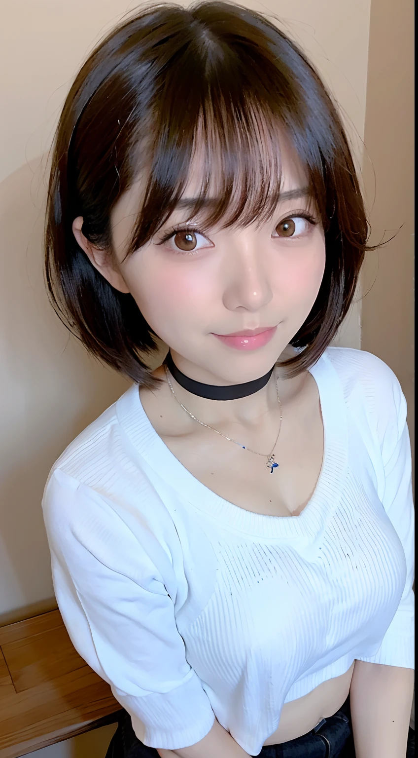 (top-quality、8K、32K、​masterpiece、Photorealsitic:1.4、nffsw:1.2)、Photo of a cute Japanese woman、Colossal tits:1.4、very short bobbed hair、The upper part of the body、sface focus、Oversized_Sweaters、a necklace、simple background、From  above、looking at the viewers、cleavage of the breast:1.5、Balanced body