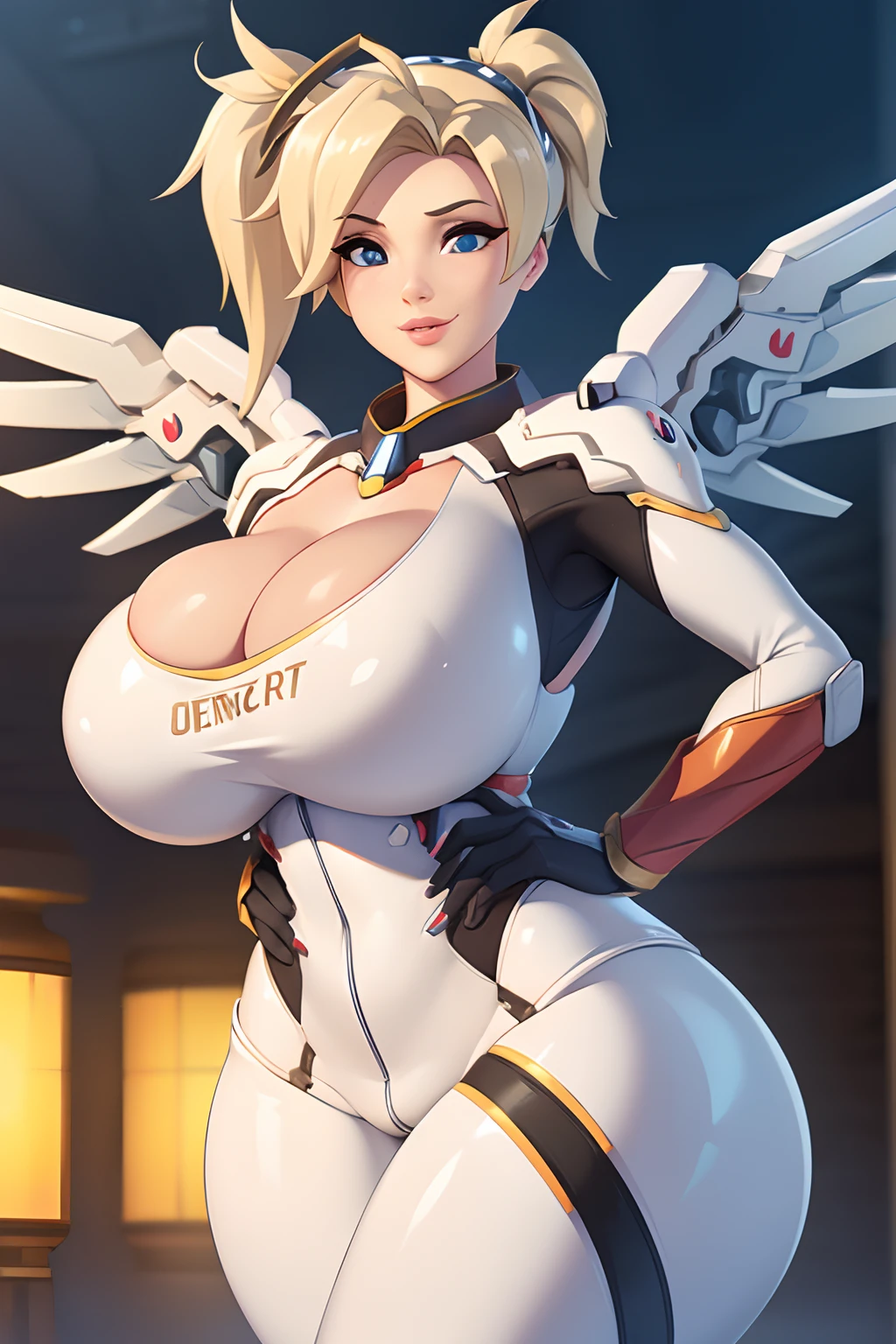 4k, masterpiece, high resolution, Overwatch art style, overwatch 3D art style, Mercy, 1girl, ((bimbo))), short blond hair, blue eyes, thick lips, erotic smile face, face, wide hips, thick thighs, thick, huge fake breast, huge round ass, oily shiny skin, white suit, cleavage, legs posing, hands grabbing breasts,