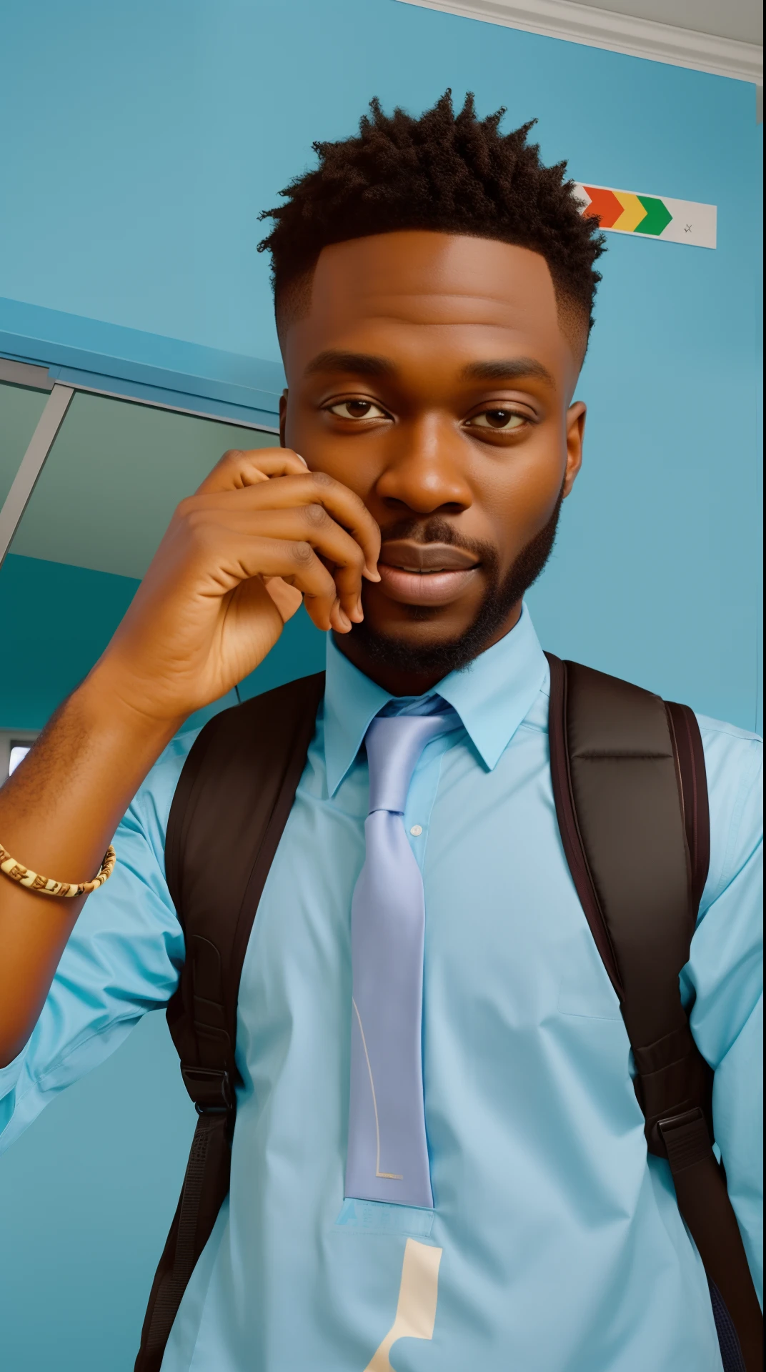 Um poster de filme Disney da Pixar com o texto "Txoboy Aikol" there is a man with a backpack and a tie on, riyahd cassiem, taken in the early 2020s, inspired by Chinwe Chukwuogo-Roy, by Chinwe Chukwuogo-Roy, godwin akpan, gatson bussiere, david uzochukwu, smooth in _ the background