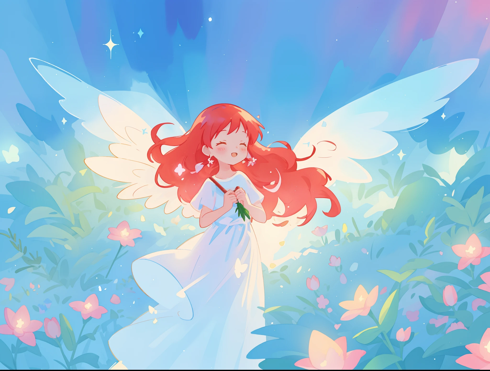 beautiful angel girl in sparkling white dress, (huge sparkling angel wings), glowing ballgown, long red hair, watercolor illustration, flowers and colorful plants, disney art style, glowing aura around her, glowing lights, beautiful digital illustration, fantasia otherworldly landscape plants flowers, beautiful, masterpiece, best quality, anime disney style