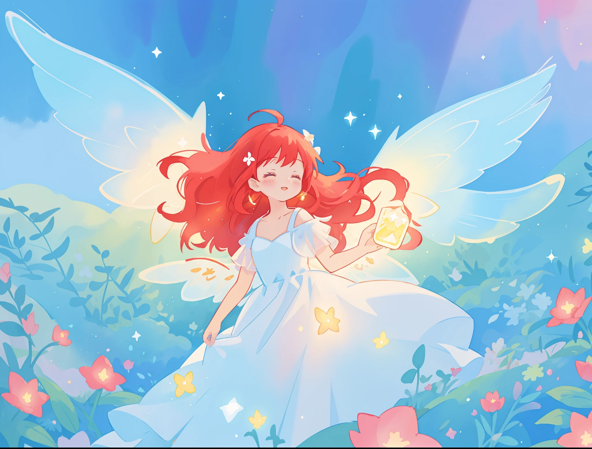 beautiful angel girl in sparkling white dress, (huge sparkling angel wings), glowing ballgown, long red hair, watercolor illustration, flowers and colorful plants, disney art style, glowing aura around her, glowing lights, beautiful digital illustration, fantasia otherworldly landscape plants flowers, beautiful, masterpiece, best quality, anime disney style