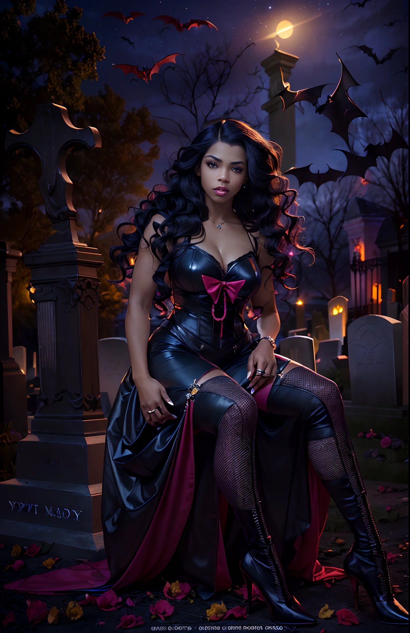 ((21-year-old))) black girl, (((light skin))), (((vampire))), (((New Orleans cemetary, early 20th century night time during mardi grad))), (((bats flying around))), dusk, (((close-up full body pose))), (((long wavy black hair))), high heel boots, (((wearing period clothing))), dark fantasy art, Rich, Deep Colours, (intricate details:0.9), (HDR, hyper-detailing:1.2), (natural skin textures, hyper realisitc, soft light, Sharp),