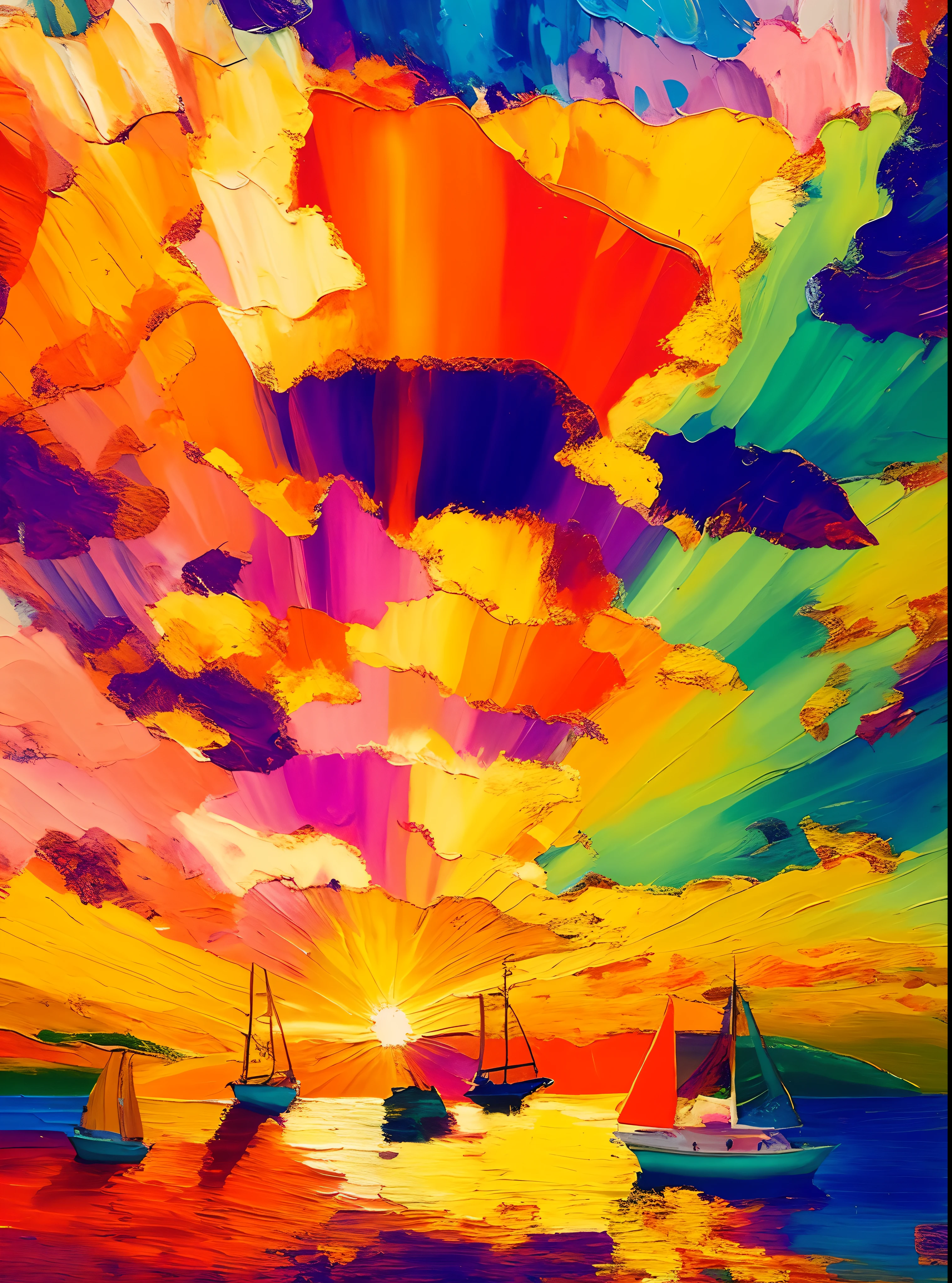 A painting of a colorful sunset with sailboats on the water, muito colorido celestial, colorful sunset!!, sunset psychedelic, explosion of colors, burst of colour, psychedelic sky, an explosion of colors, colorful sunset, Arte colorida, colorful oil painting, colorful skies, ricas cores ensolaradas brilhantes, pintura colorida, refracted sunset, cheio de cores, bonito e colorido