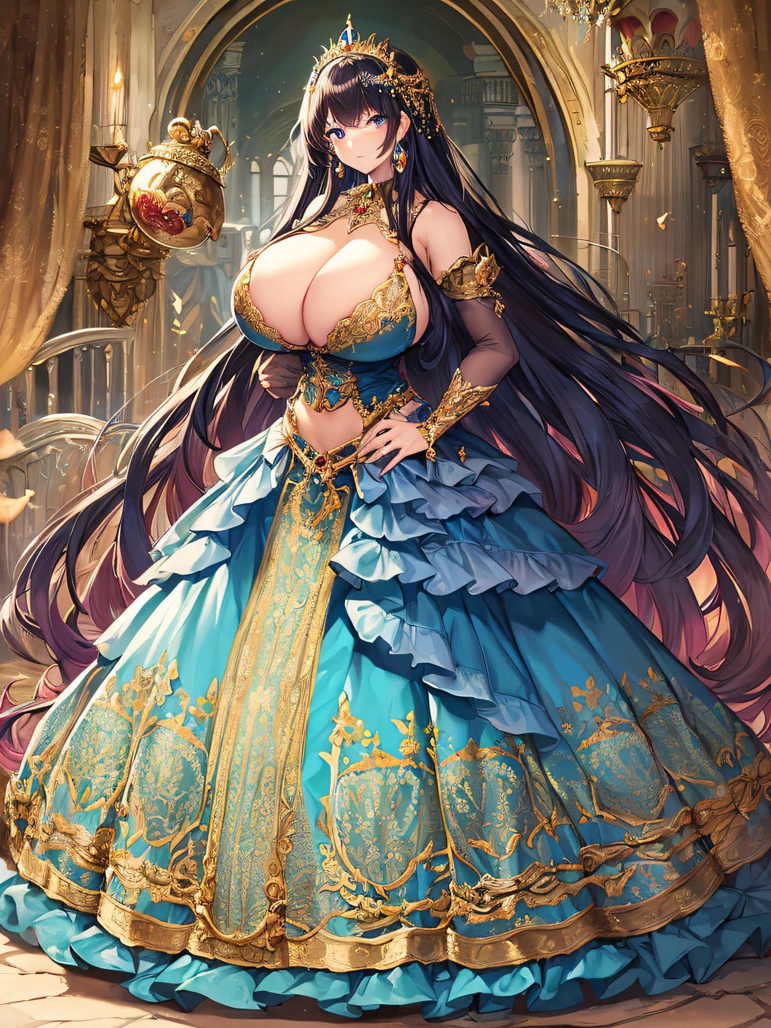 anime artstyle,Masterpiece,Best Quality,Super Detail,Very Delicate and Beautiful,Solo,full body,full body portrait,(detailed face and eyes),jewel-like eyes,((1 princess in a beautiful embroidery and jeweled rococo ball gown with voluminous full length hoop skirt)),((fantasy castle,outdoor,outside the castle)),((crinoline,long train)),super detailed gorgeous princess ballgown with voluminous full length hoop skirt,jeweled gorgeous princess rococo ballgown with long train,jeweled gorgeous princess rococo ballgown with long train,gorgeous princess rococo ballgown with beautiful embroidery and jeweled,((large amount of straight hair,extremely voluminous Very Long Hair,Absolutely Long Straight Hair)),(((very gigantic boobs,sagging boobs))),cleavage,Skindentation,extremely gorgeousfull hair ornament,bling-bling extremely gorgeousfull jeweled tiara,luxurious jewelry,full body